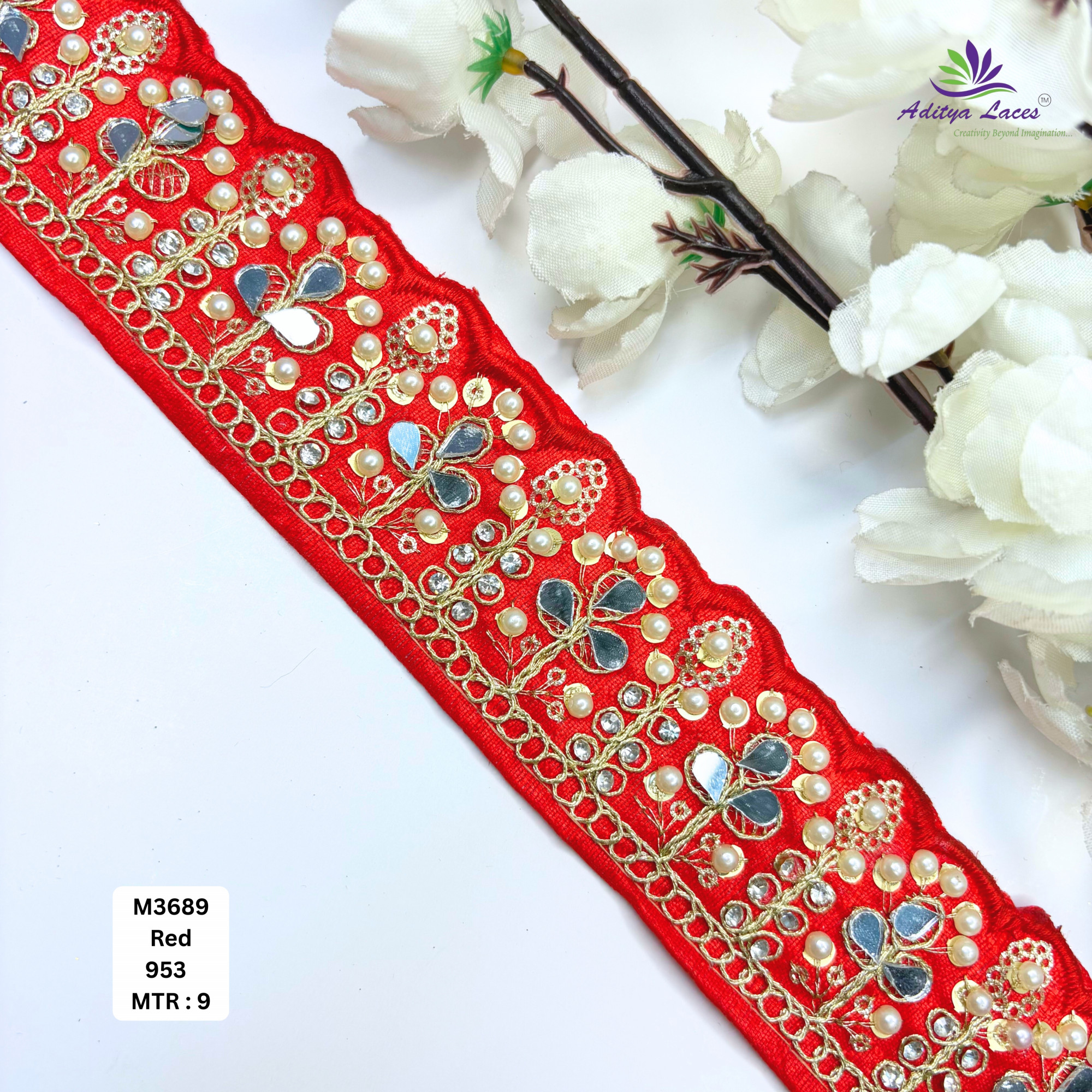 Cream Malbari Pearl Mirror Work Lace Trim Designer Saree Border Bridal Beads Lace Wholesale Supplier