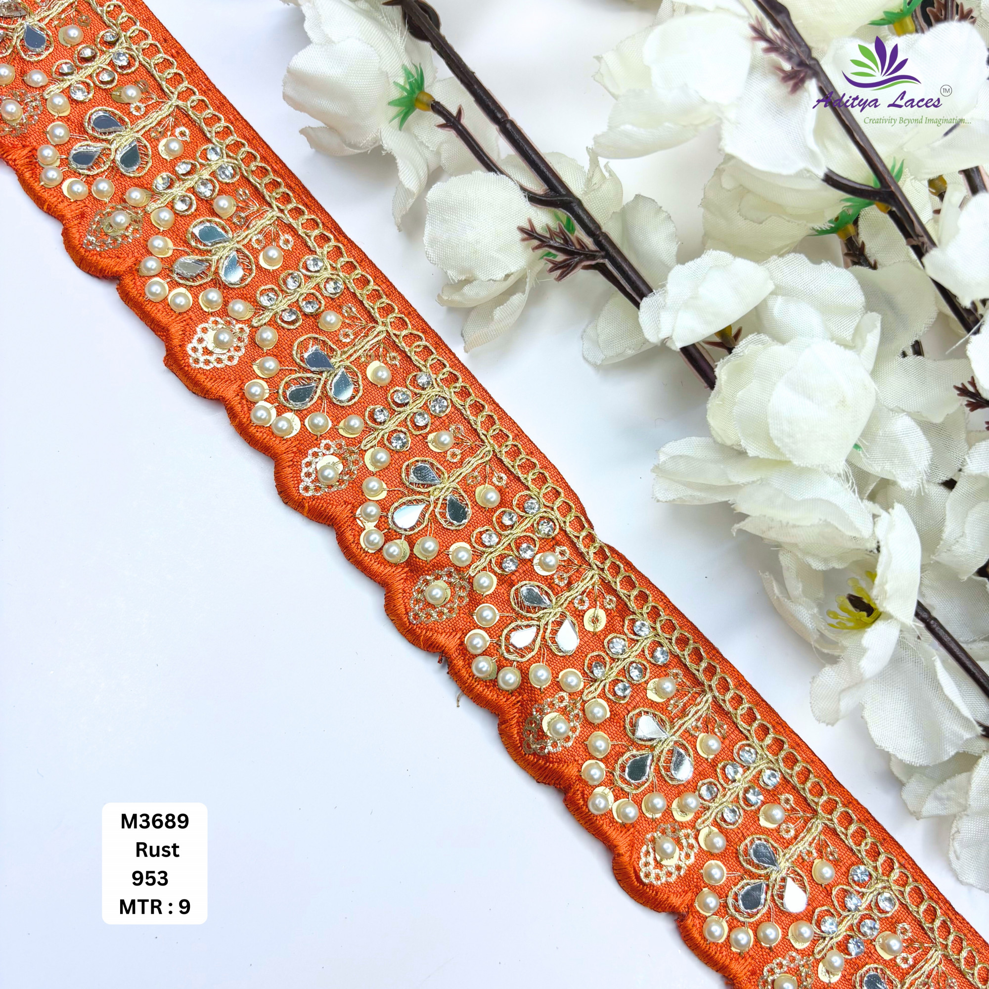 Cream Malbari Pearl Mirror Work Lace Trim Designer Saree Border Bridal Beads Lace Wholesale Supplier
