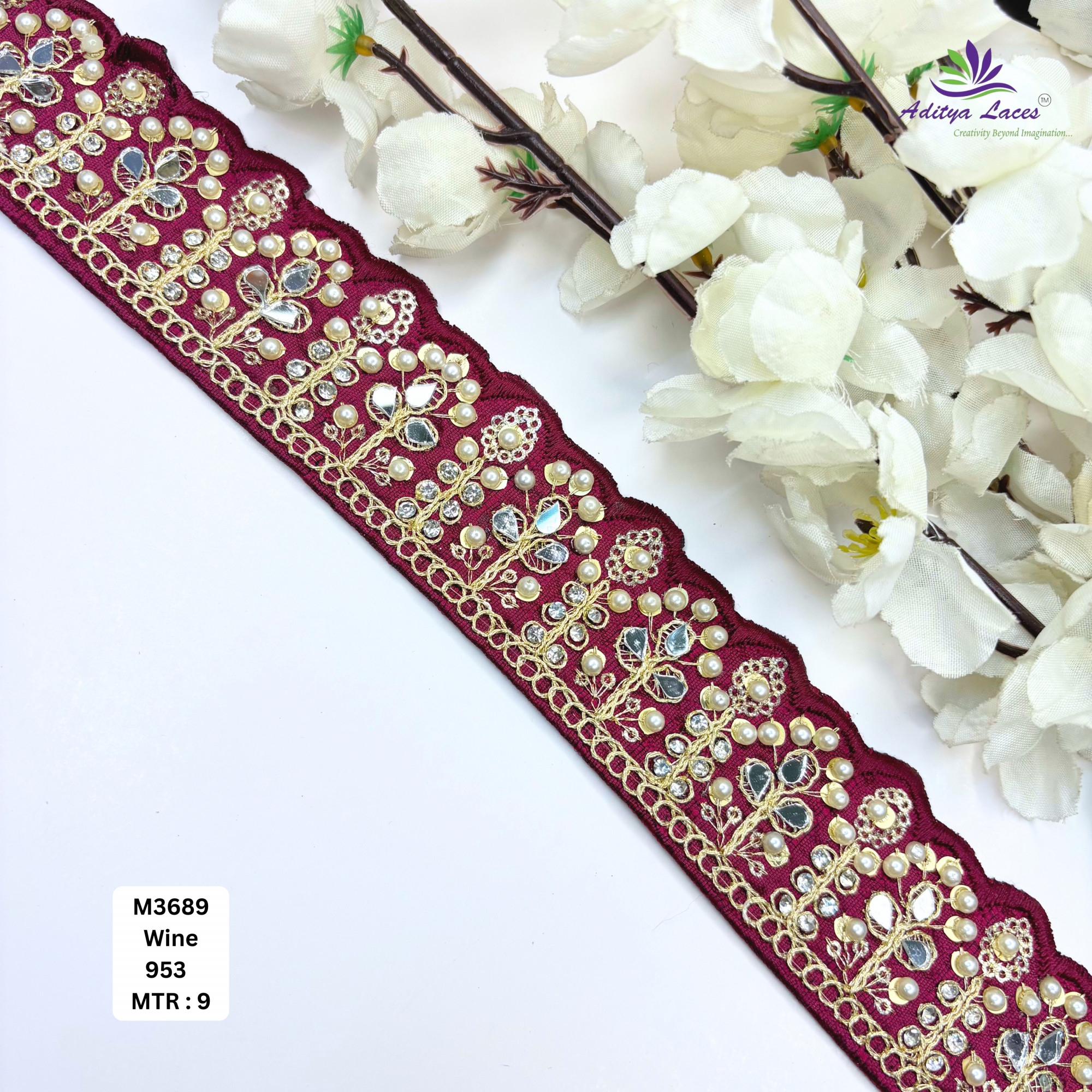 Cream Malbari Pearl Mirror Work Lace Trim Designer Saree Border Bridal Beads Lace Wholesale Supplier