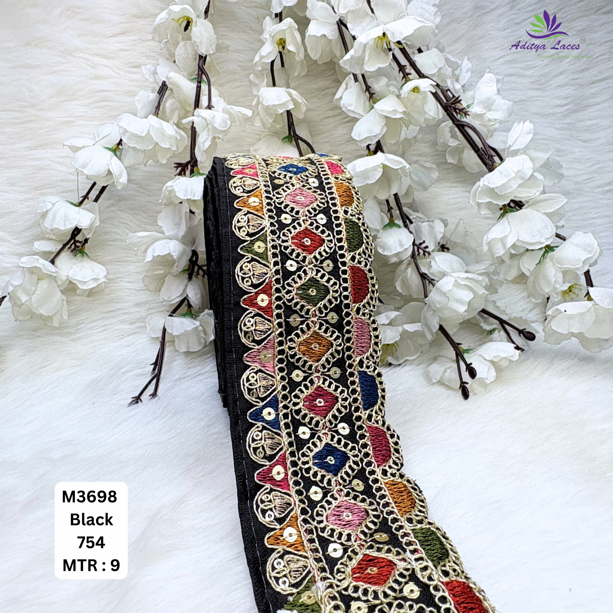 Black Malbari Multicolor Embroidery Lace Trim Designer Saree Border Bridal Beads Lace