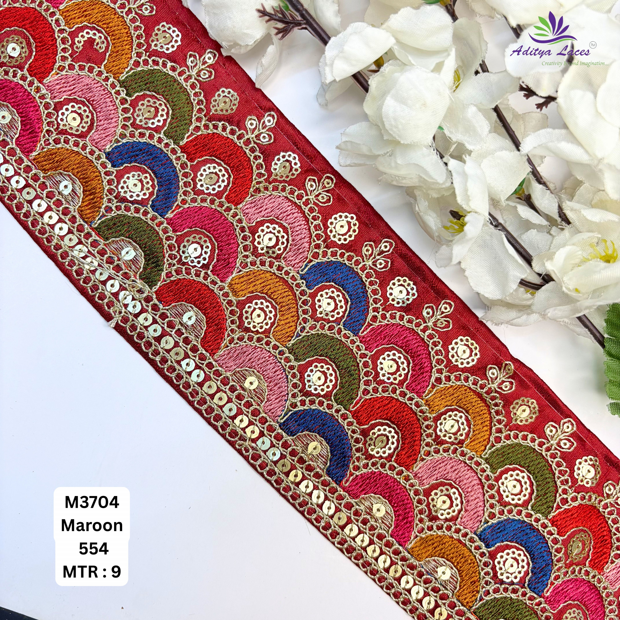 Malbari Multicolor Embroidery Lace Trim Designer Saree Border Bridal Decorative Lace