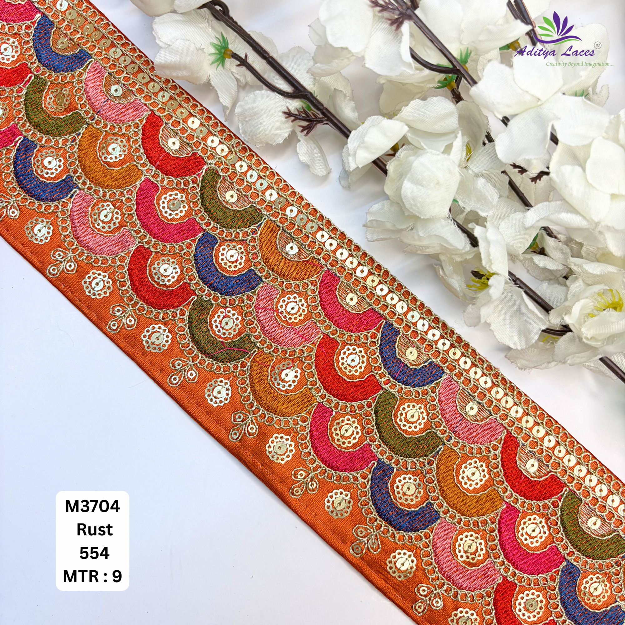 Malbari Multicolor Embroidery Lace Trim Designer Saree Border Bridal Decorative Lace