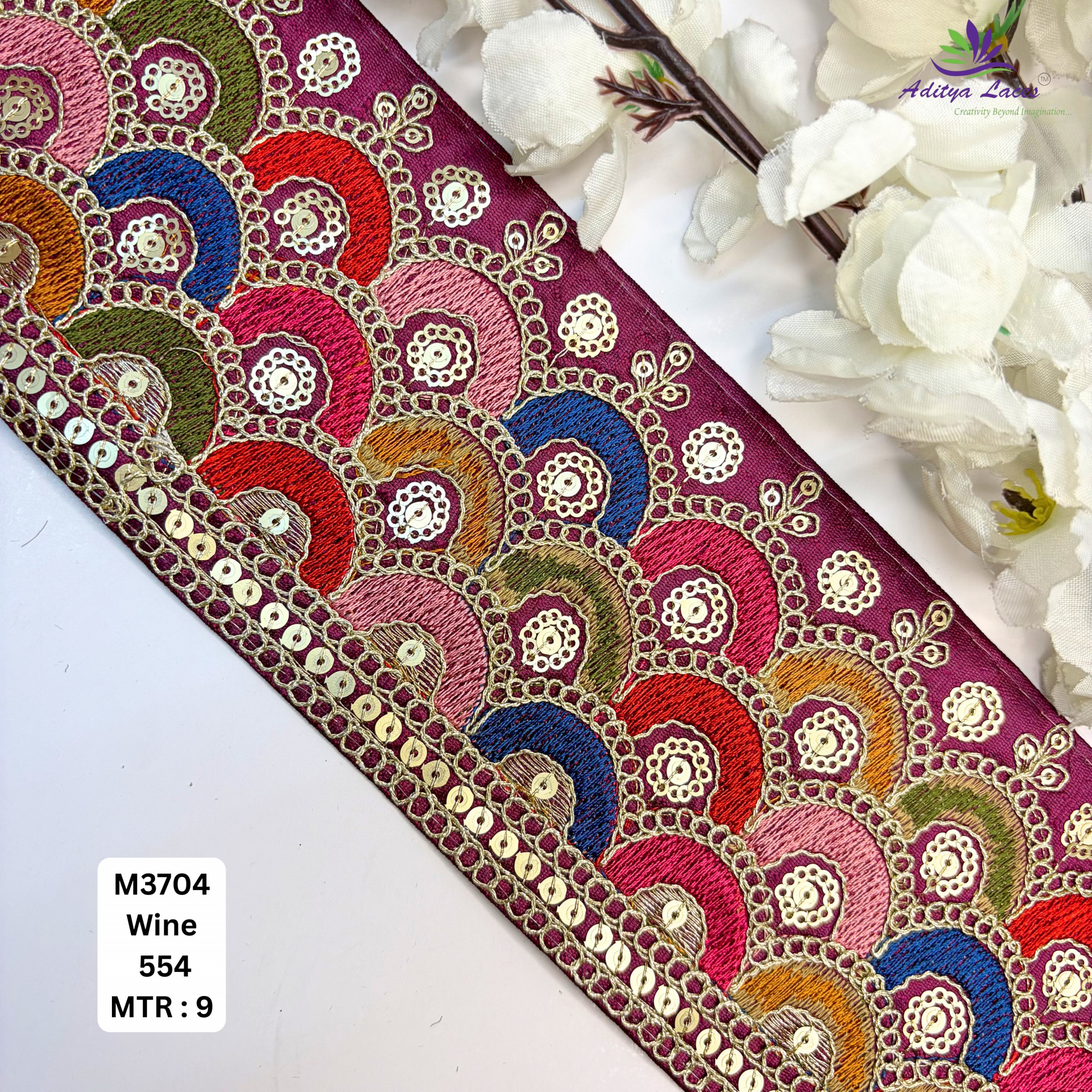 Malbari Multicolor Embroidery Lace Trim Designer Saree Border Bridal Decorative Lace