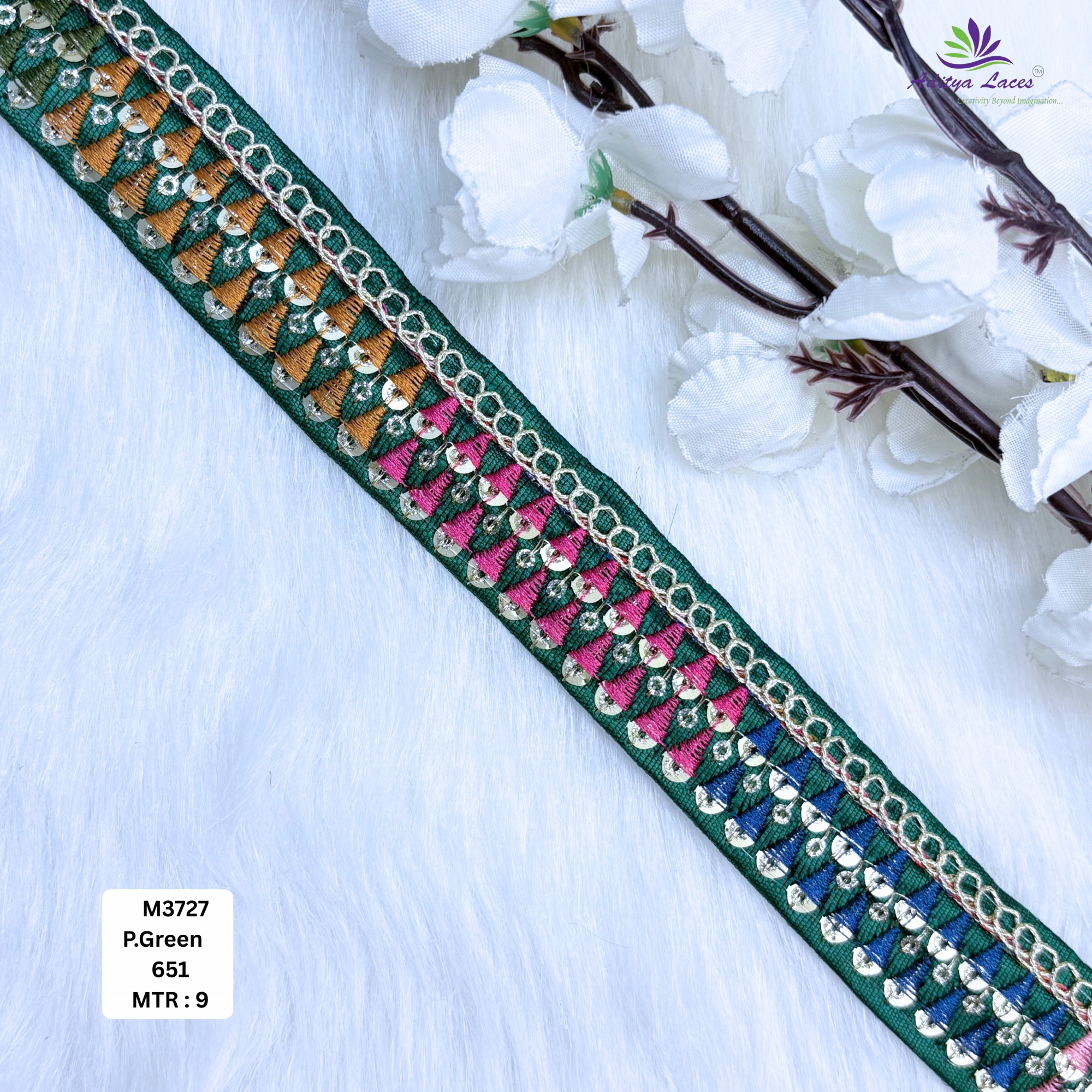Bottle Green Malbari Sequin Embroidery Lace Trim Designer Saree Border Bridal Beads Lace