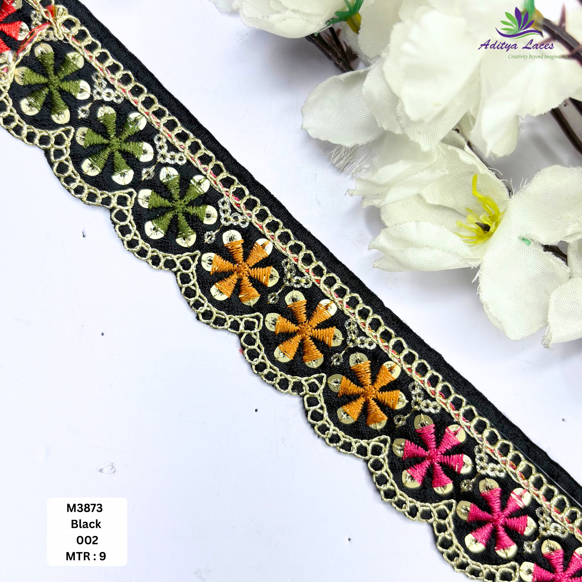 Red Malbari Multicolor Floral Embroidery Lace Trim Designer Saree Border Bridal Decorative Lace