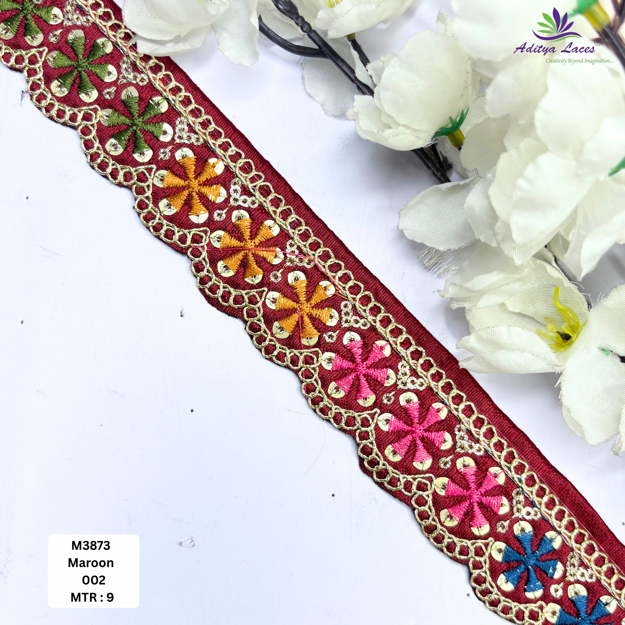 Red Malbari Multicolor Floral Embroidery Lace Trim Designer Saree Border Bridal Decorative Lace