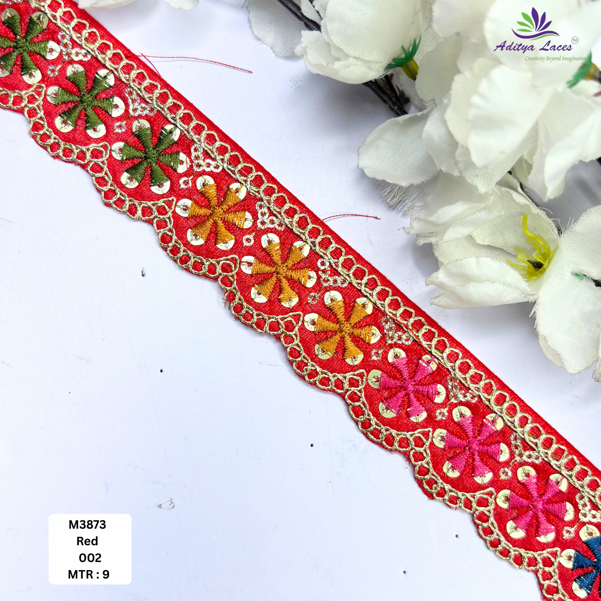 Red Malbari Multicolor Floral Embroidery Lace Trim Designer Saree Border Bridal Decorative Lace