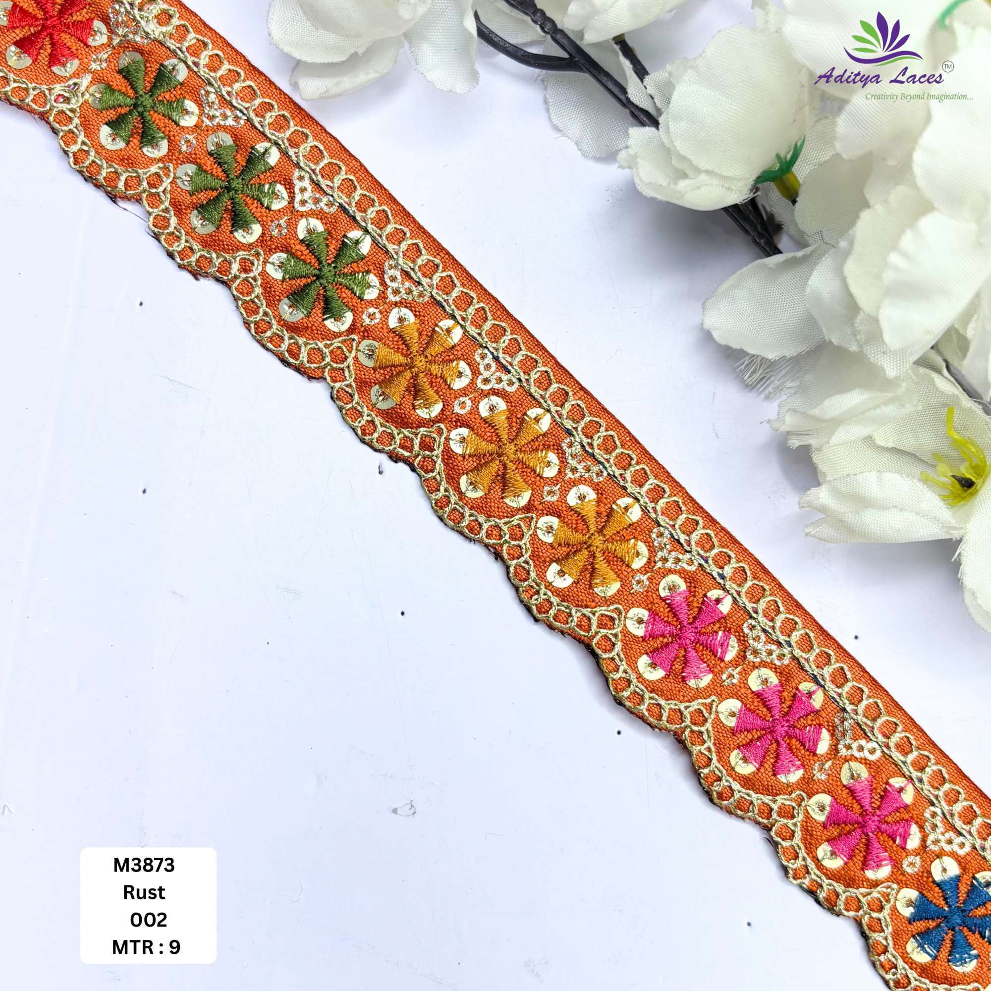 Red Malbari Multicolor Floral Embroidery Lace Trim Designer Saree Border Bridal Decorative Lace