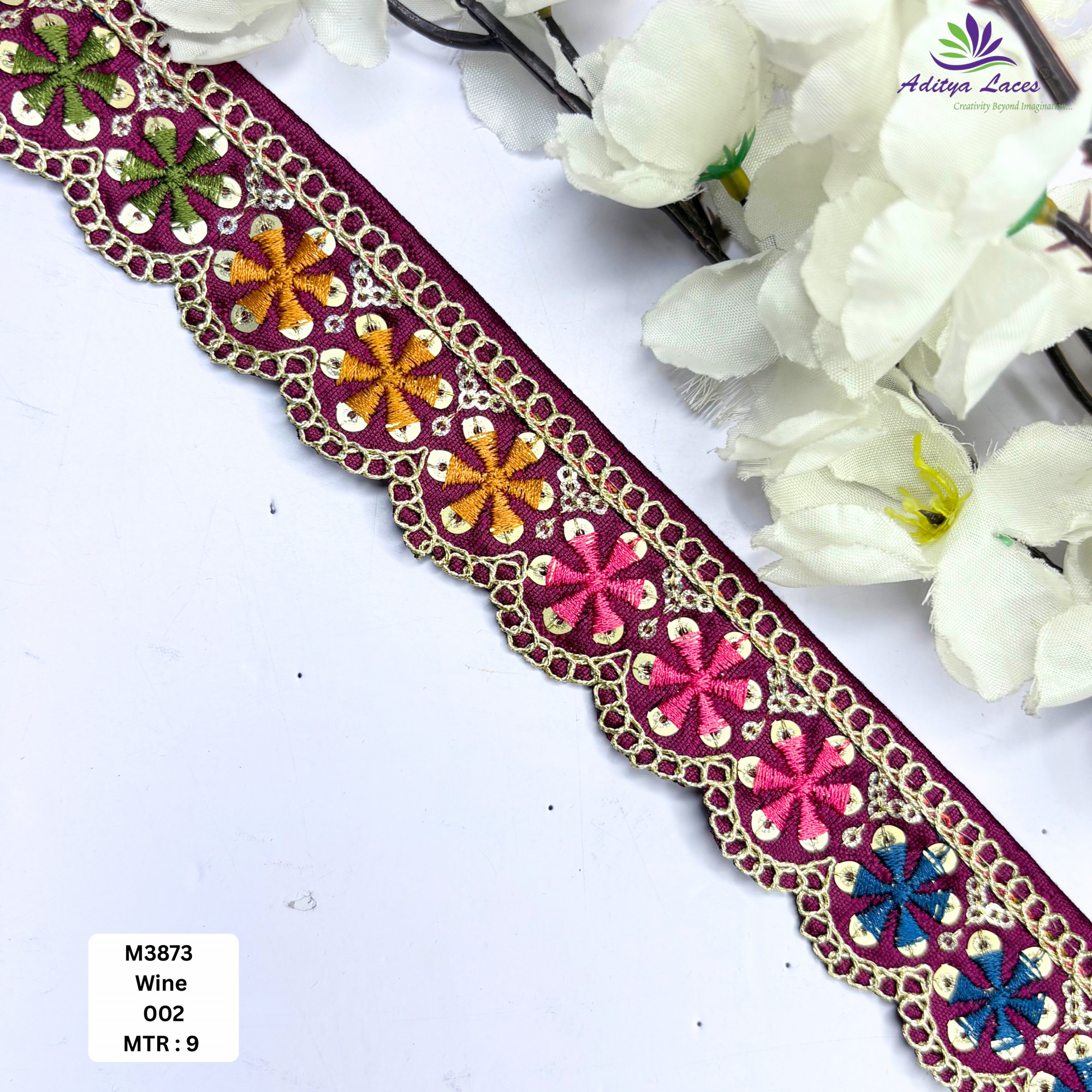 Red Malbari Multicolor Floral Embroidery Lace Trim Designer Saree Border Bridal Decorative Lace