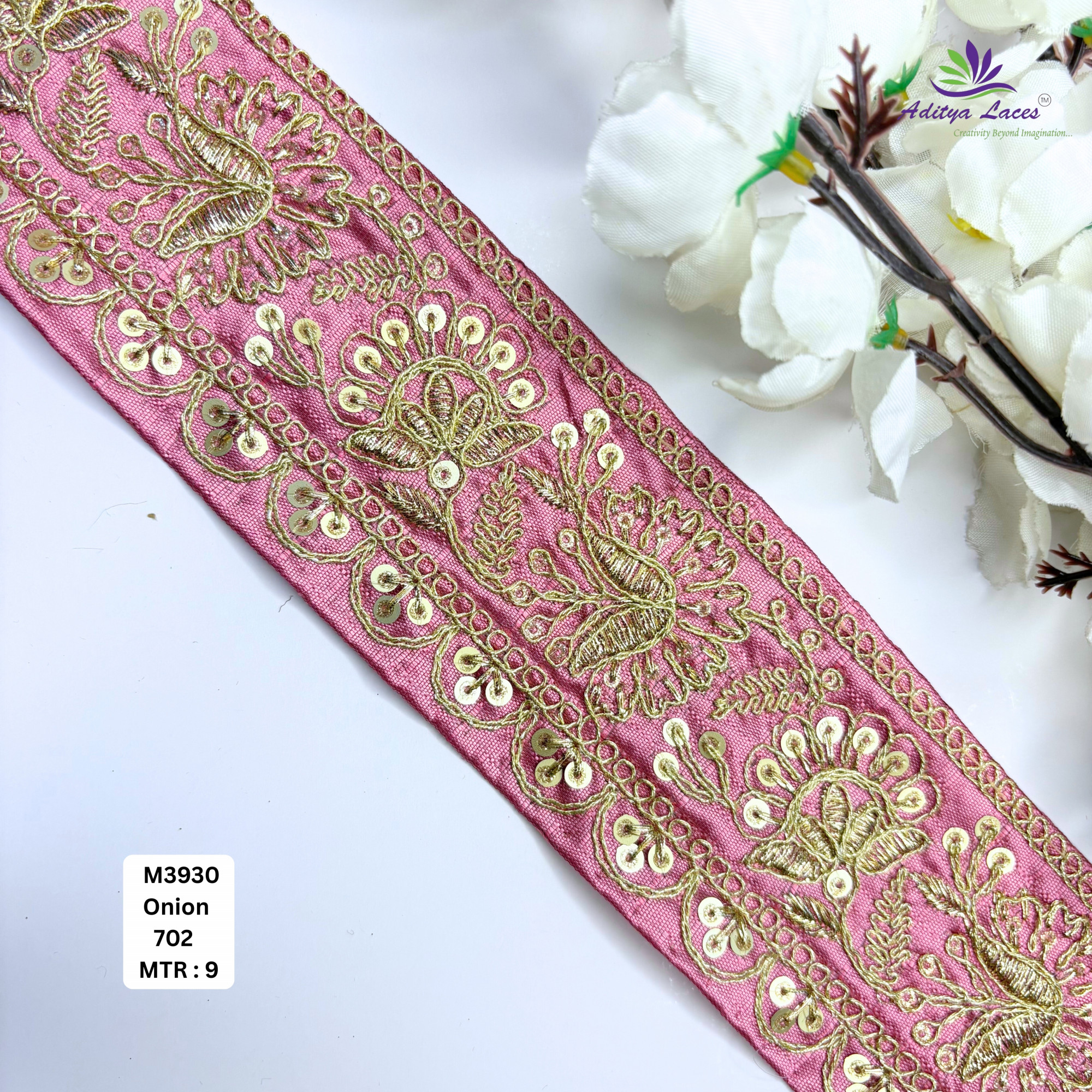 Red Malbari Embroidery Lace Trim with Gold Zari Sequins Designer Saree Border Bridal Decorative Lace