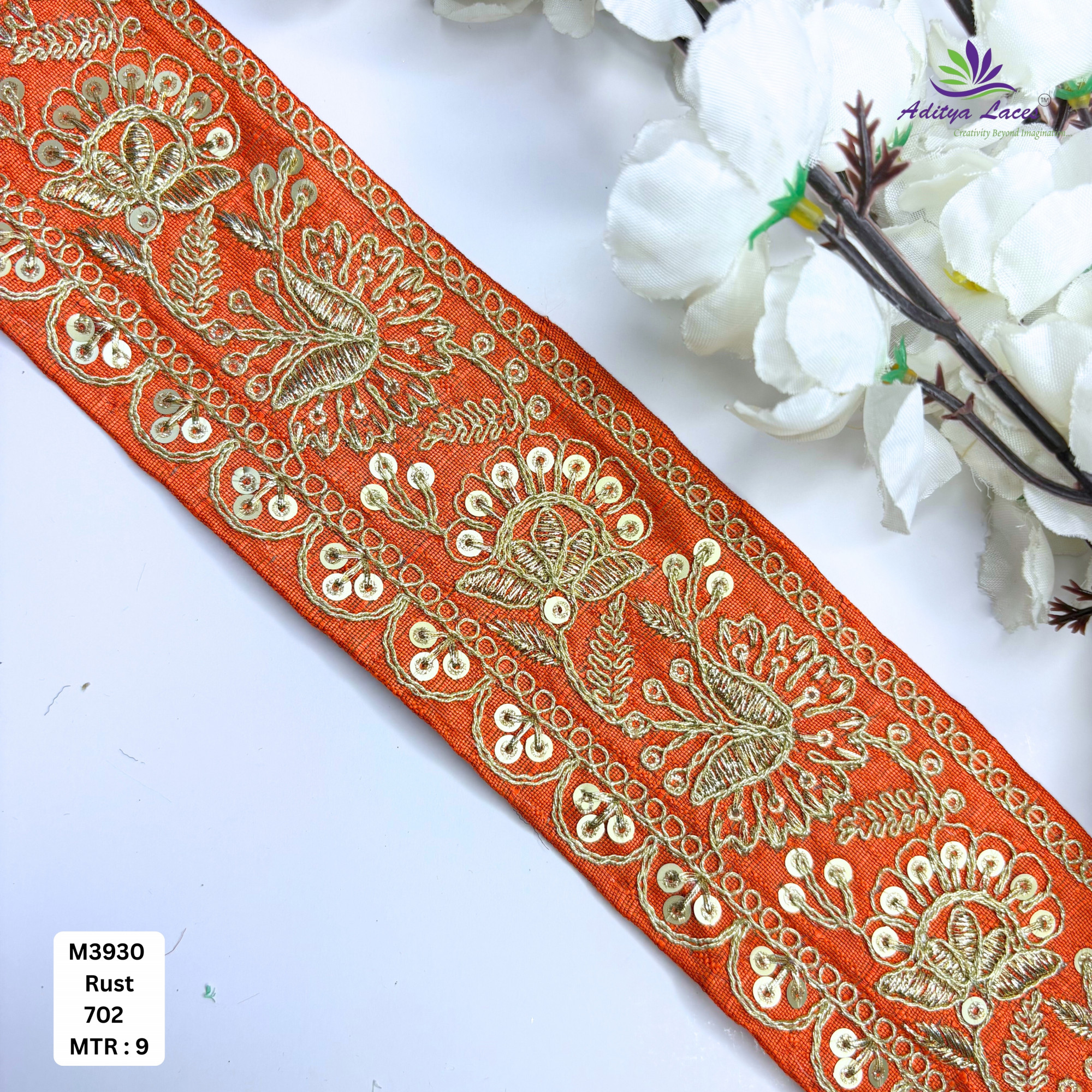 Red Malbari Embroidery Lace Trim with Gold Zari Sequins Designer Saree Border Bridal Decorative Lace