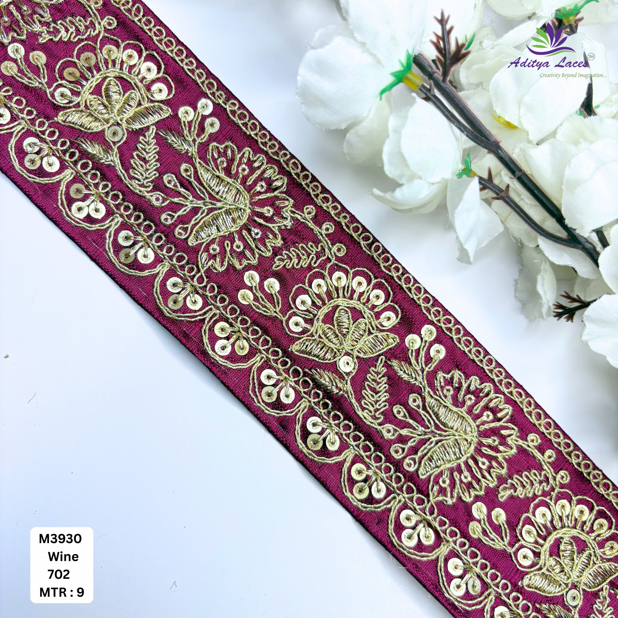 Red Malbari Embroidery Lace Trim with Gold Zari Sequins Designer Saree Border Bridal Decorative Lace