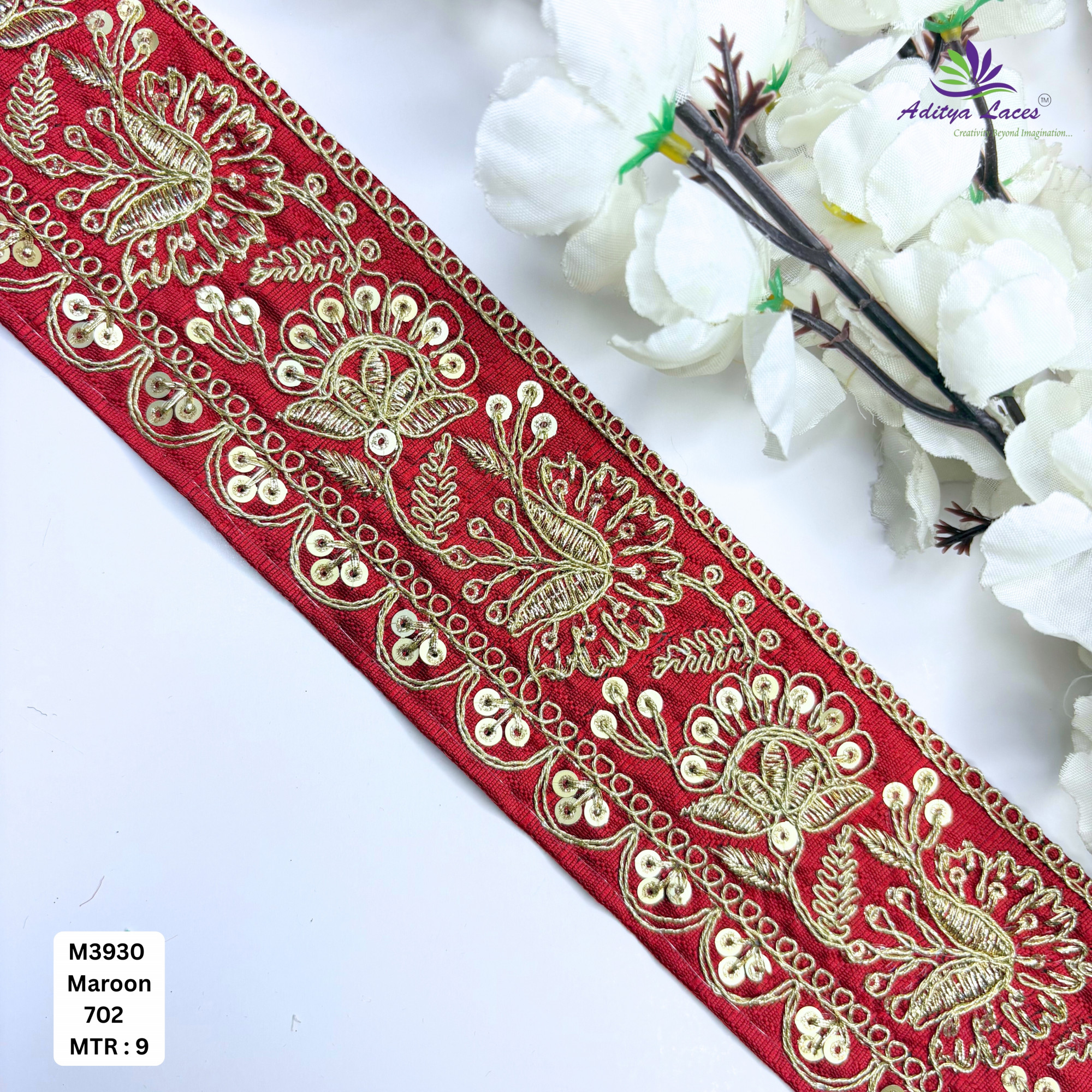 Red Malbari Embroidery Lace Trim with Gold Zari Sequins Designer Saree Border Bridal Decorative Lace