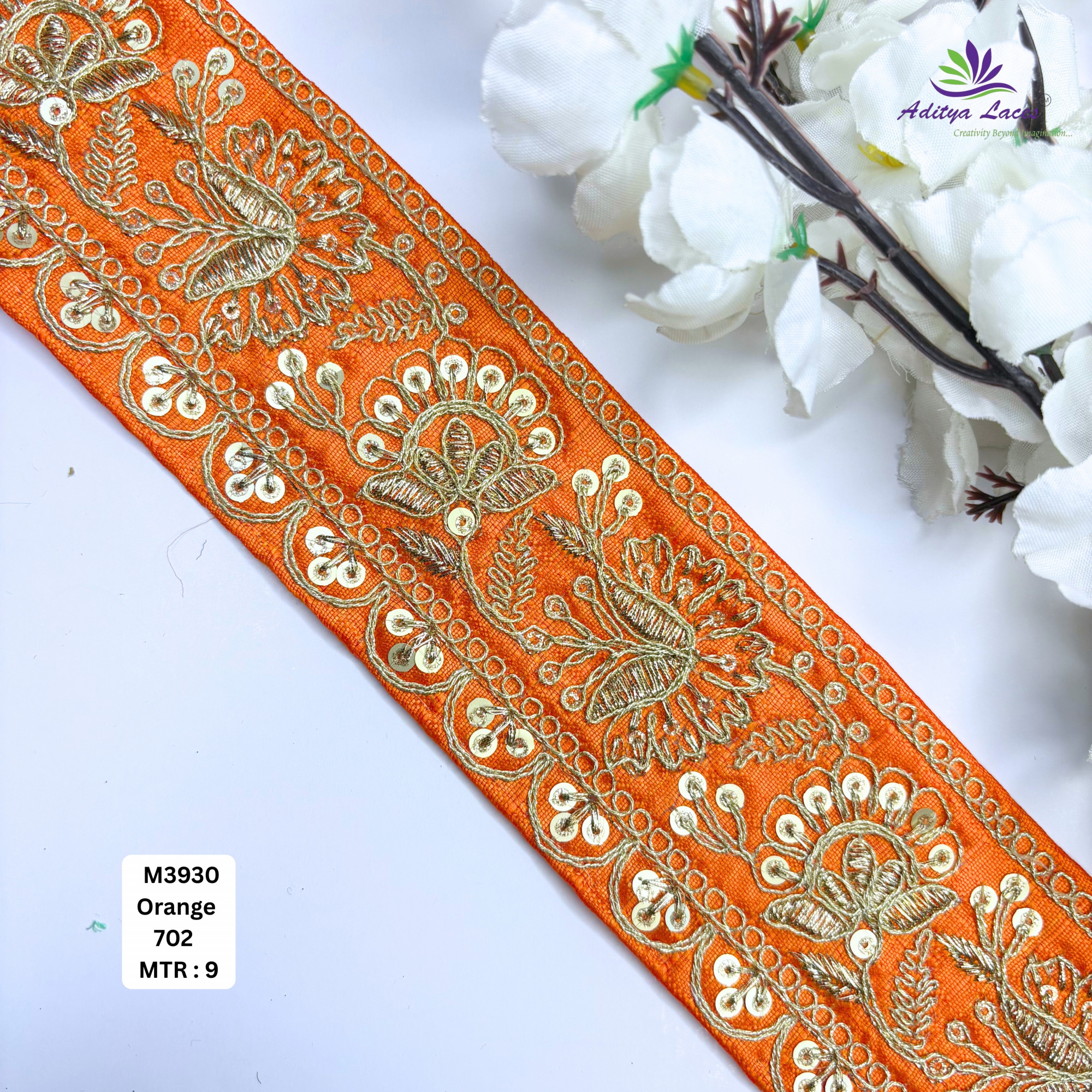 Red Malbari Embroidery Lace Trim with Gold Zari Sequins Designer Saree Border Bridal Decorative Lace