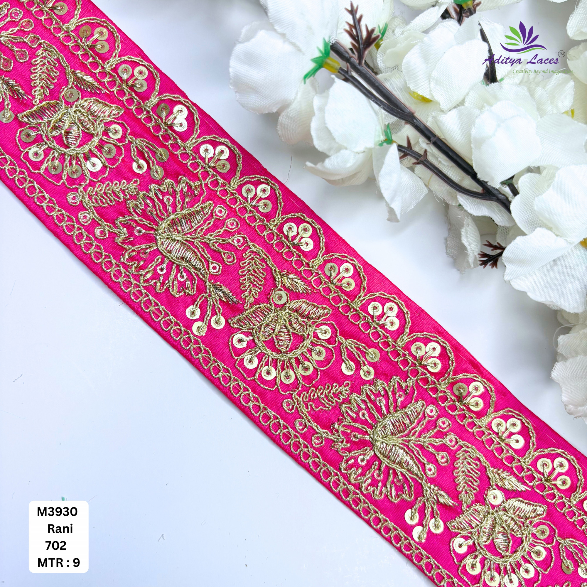 Red Malbari Embroidery Lace Trim with Gold Zari Sequins Designer Saree Border Bridal Decorative Lace