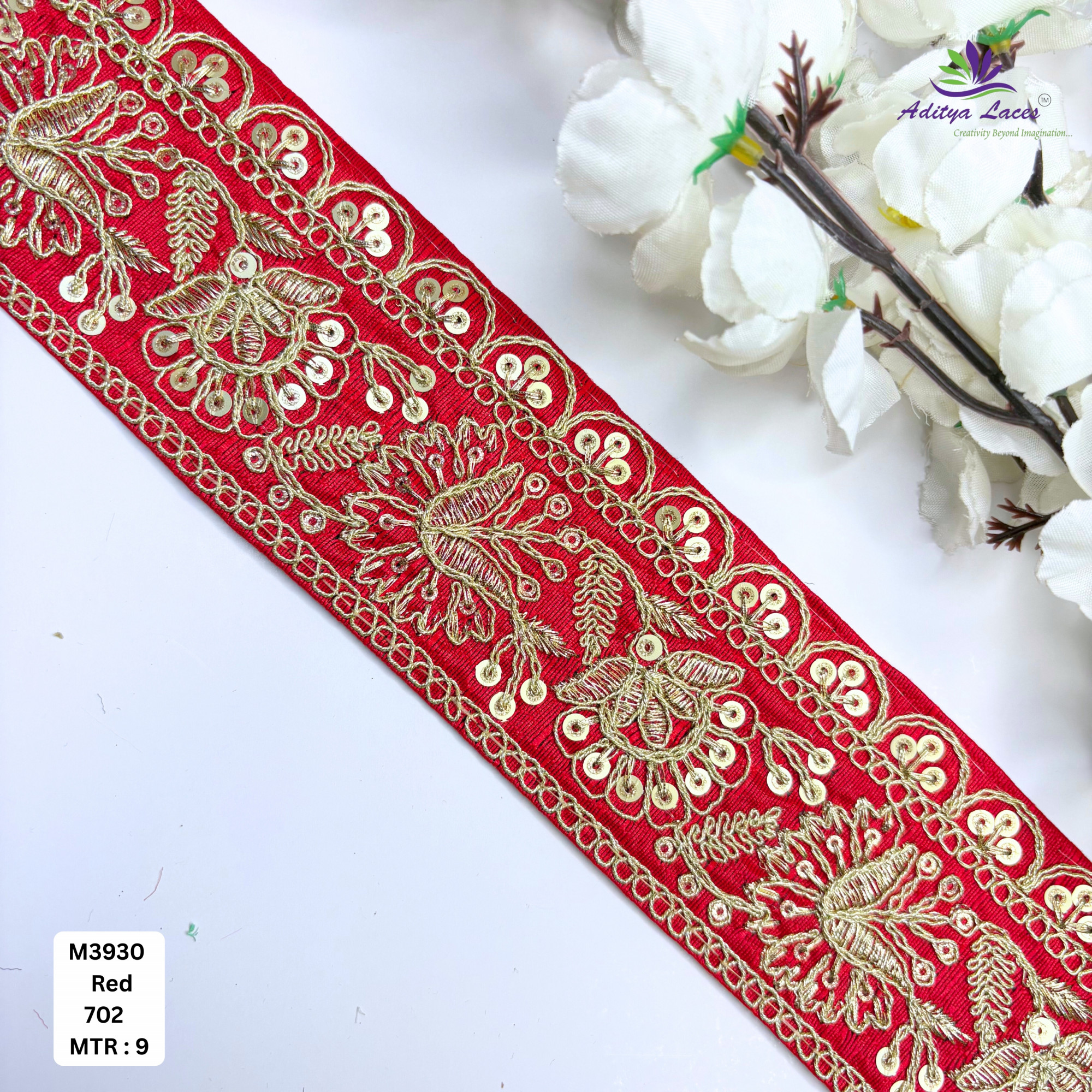 Red Malbari Embroidery Lace Trim with Gold Zari Sequins Designer Saree Border Bridal Decorative Lace