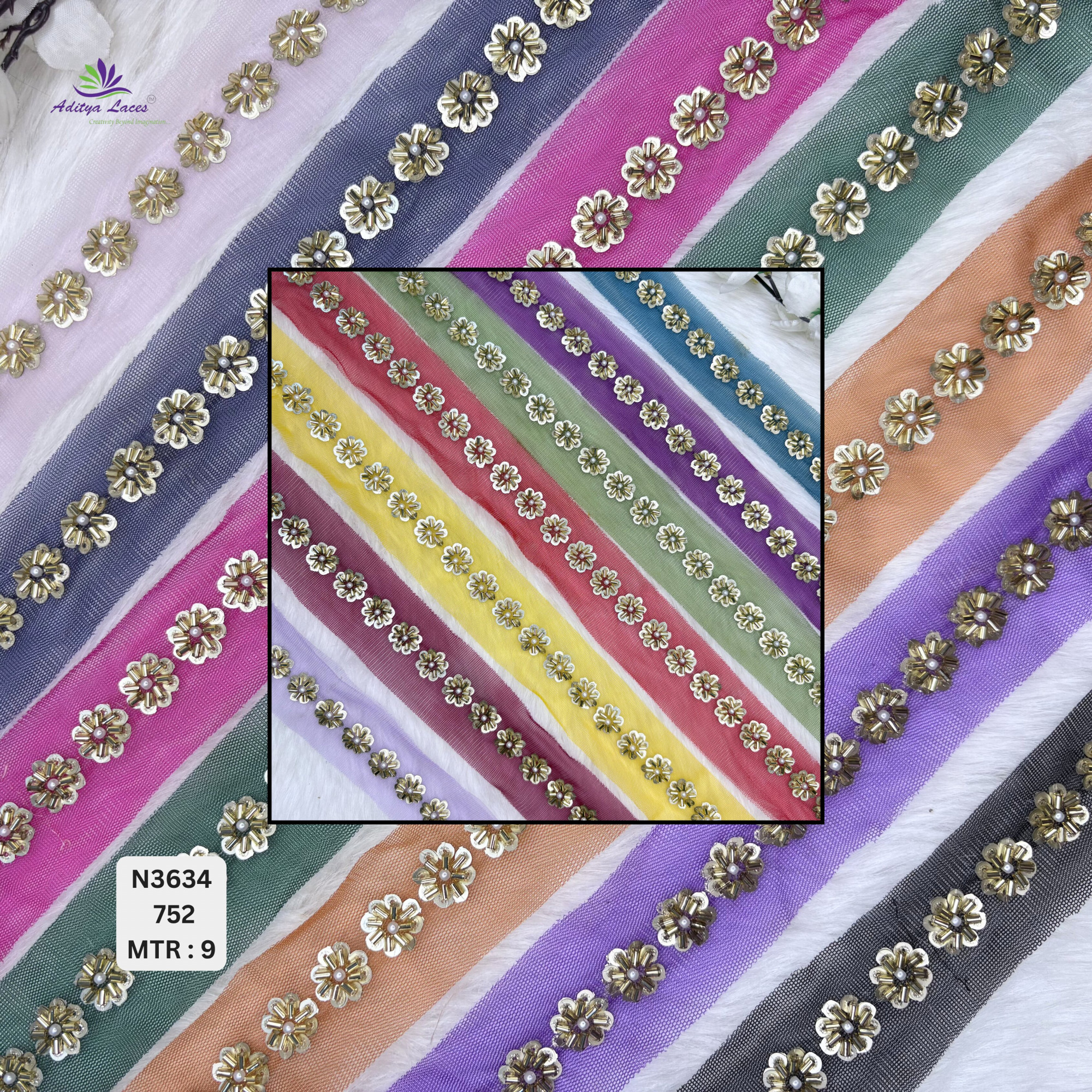 Designer Multicolor Net Lace Border with Metallic Floral Pearl Motifs for Sarees Bridal Wear Ethnic Fashion Trim