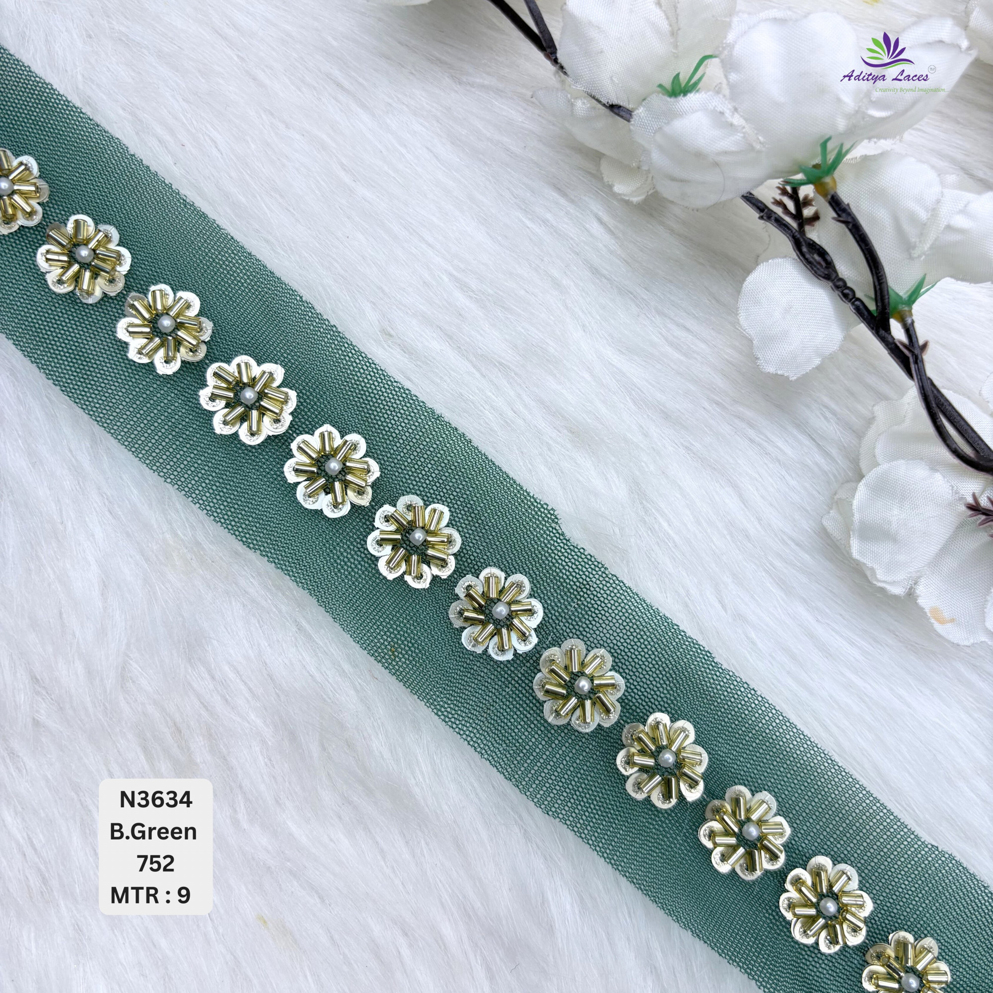 Designer Multicolor Net Lace Border with Metallic Floral Pearl Motifs for Sarees Bridal Wear Ethnic Fashion Trim