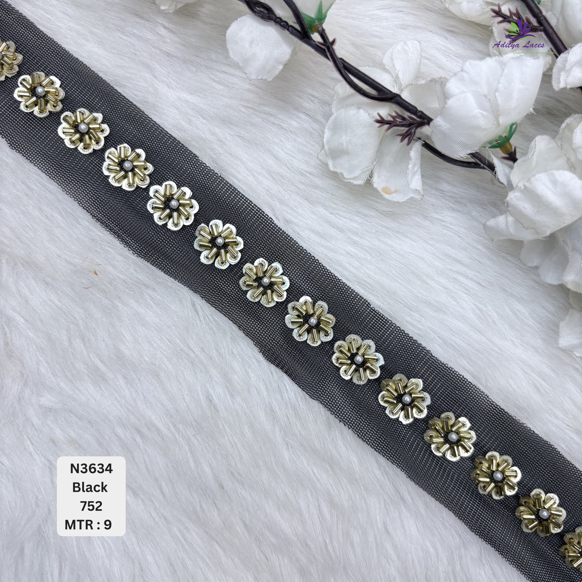 Designer Multicolor Net Lace Border with Metallic Floral Pearl Motifs for Sarees Bridal Wear Ethnic Fashion Trim