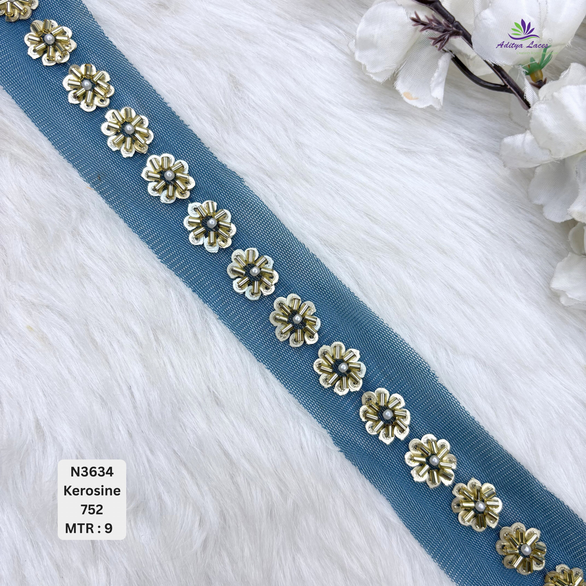 Designer Multicolor Net Lace Border with Metallic Floral Pearl Motifs for Sarees Bridal Wear Ethnic Fashion Trim