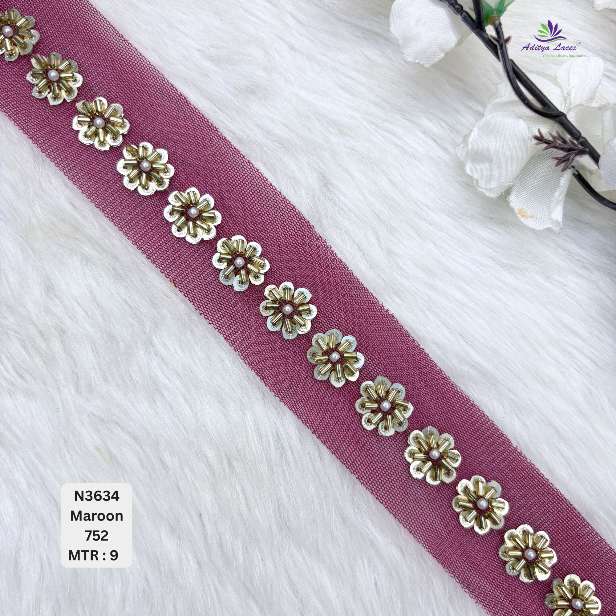 Designer Multicolor Net Lace Border with Metallic Floral Pearl Motifs for Sarees Bridal Wear Ethnic Fashion Trim
