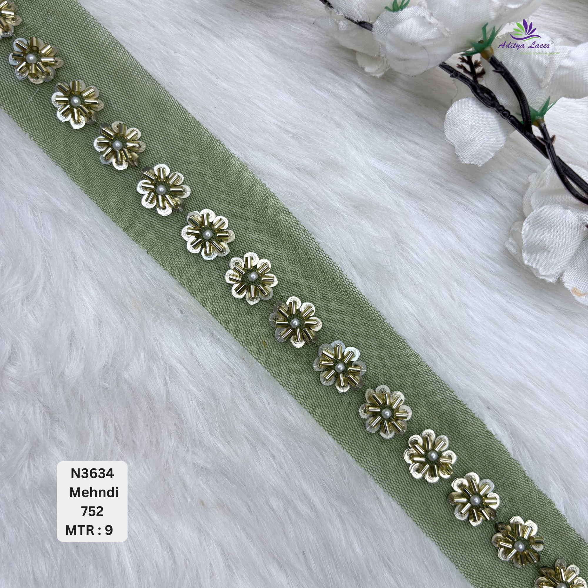 Designer Multicolor Net Lace Border with Metallic Floral Pearl Motifs for Sarees Bridal Wear Ethnic Fashion Trim