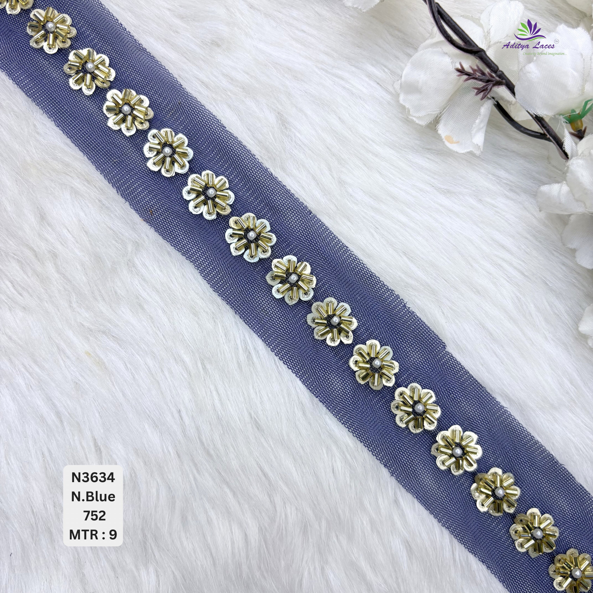 Designer Multicolor Net Lace Border with Metallic Floral Pearl Motifs for Sarees Bridal Wear Ethnic Fashion Trim