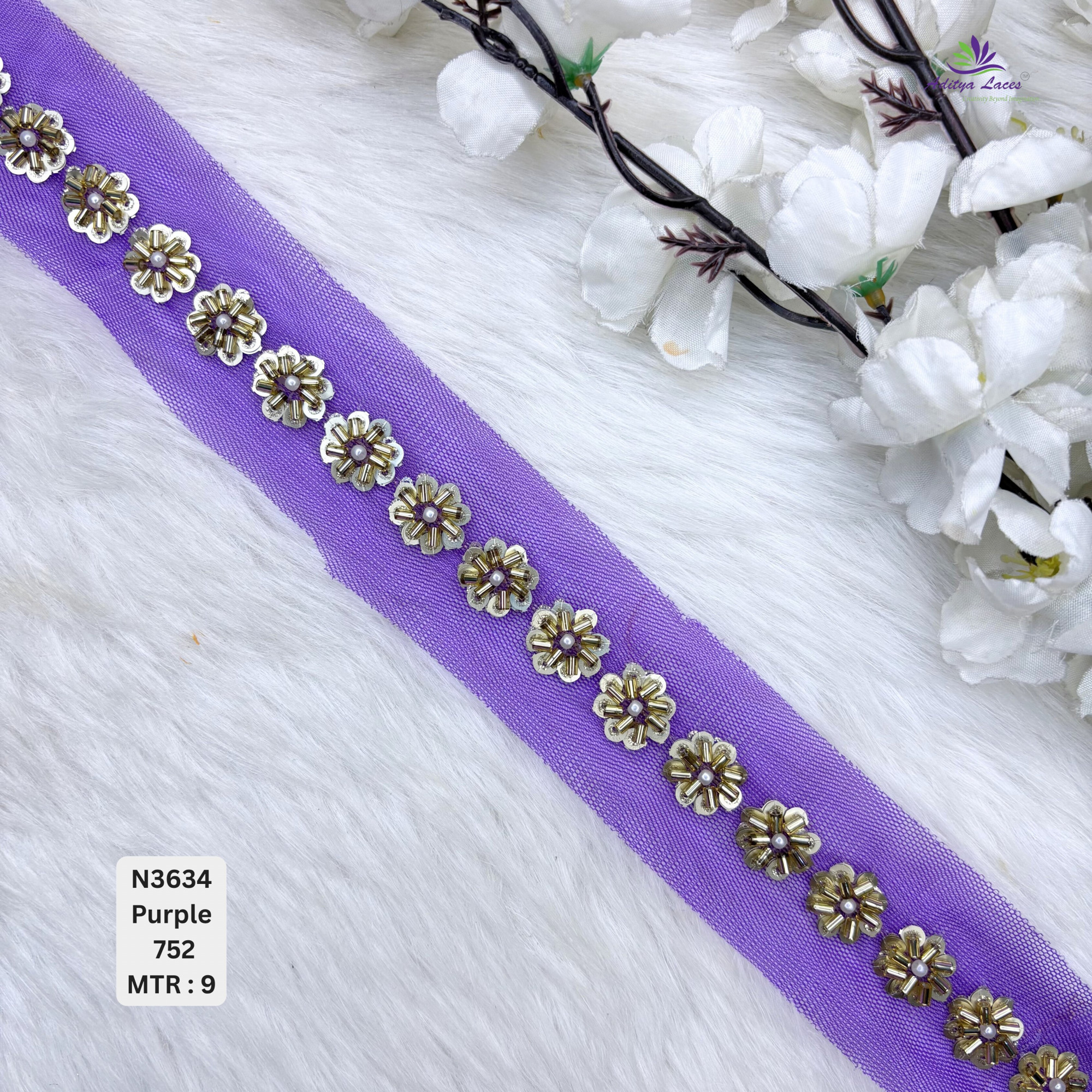 Designer Multicolor Net Lace Border with Metallic Floral Pearl Motifs for Sarees Bridal Wear Ethnic Fashion Trim
