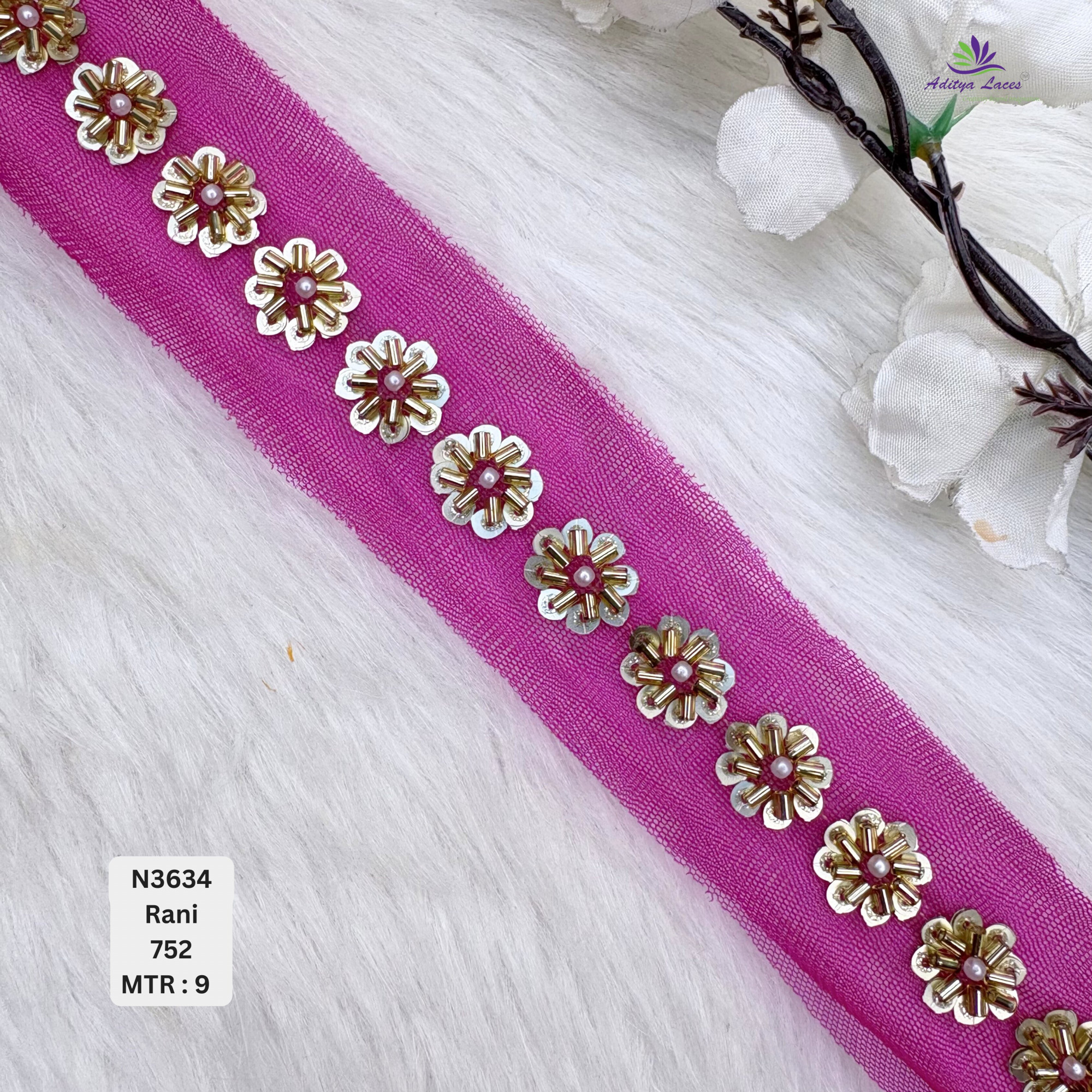 Designer Multicolor Net Lace Border with Metallic Floral Pearl Motifs for Sarees Bridal Wear Ethnic Fashion Trim