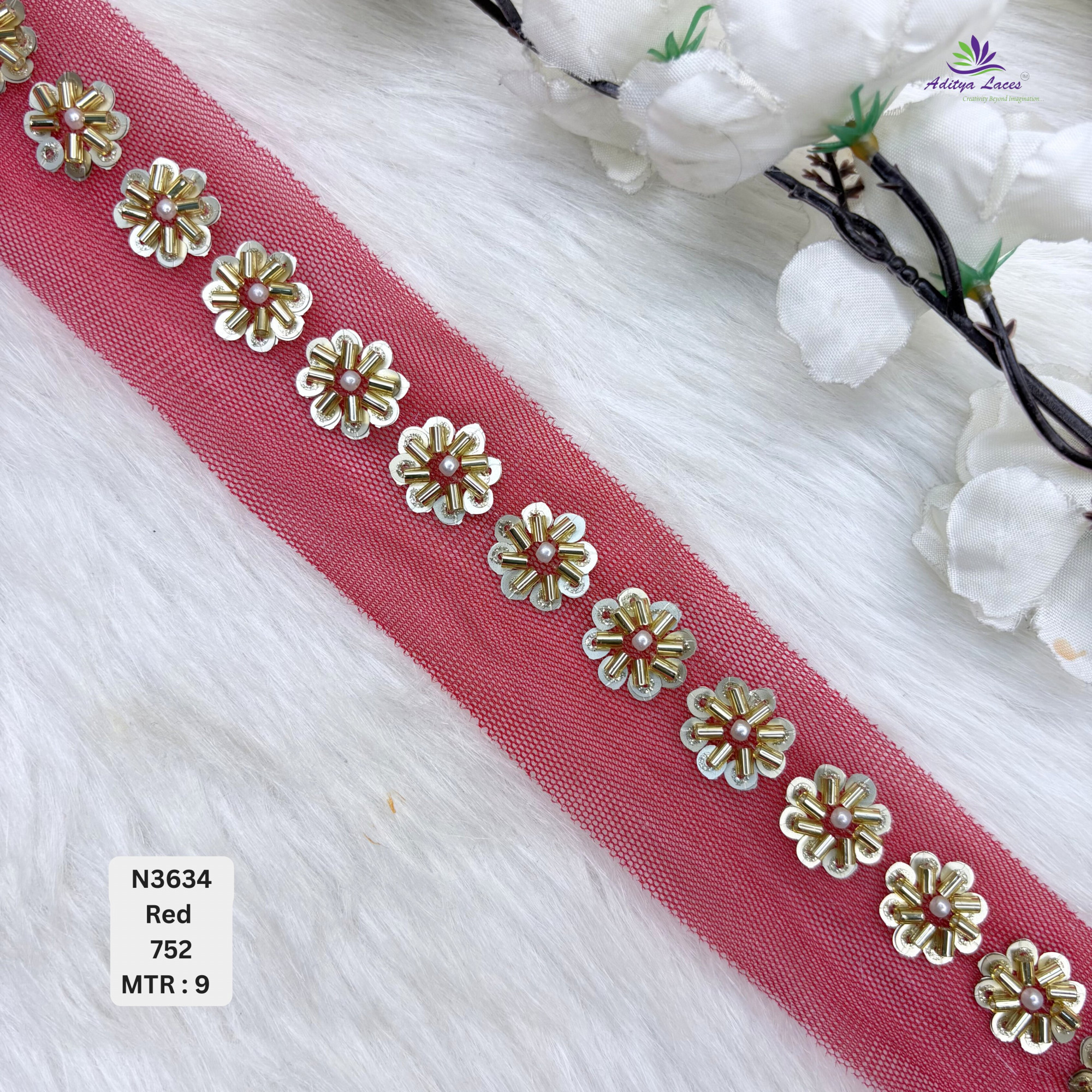 Designer Multicolor Net Lace Border with Metallic Floral Pearl Motifs for Sarees Bridal Wear Ethnic Fashion Trim