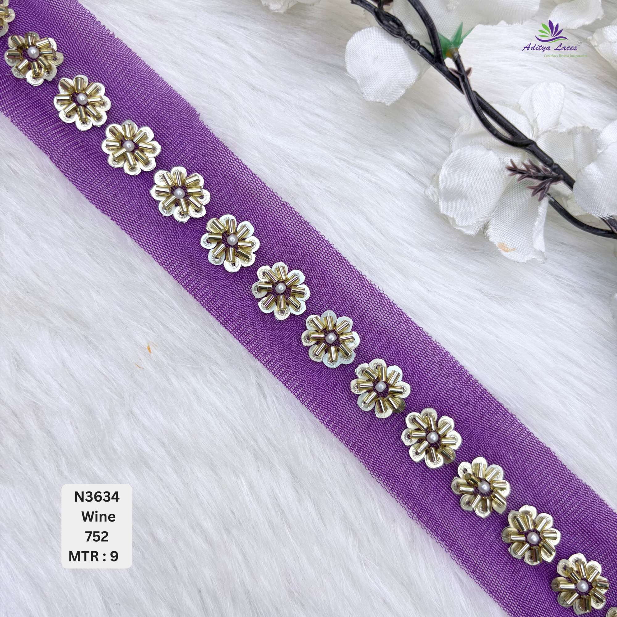 Designer Multicolor Net Lace Border with Metallic Floral Pearl Motifs for Sarees Bridal Wear Ethnic Fashion Trim