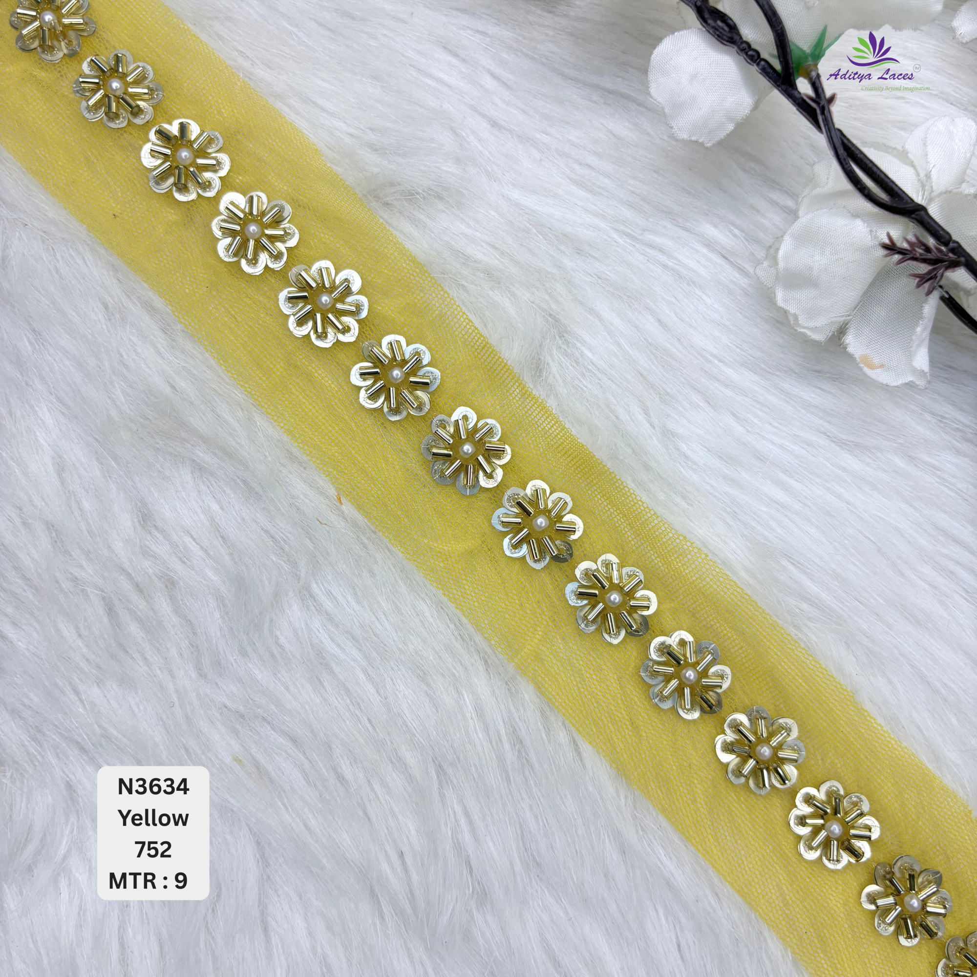 Designer Multicolor Net Lace Border with Metallic Floral Pearl Motifs for Sarees Bridal Wear Ethnic Fashion Trim