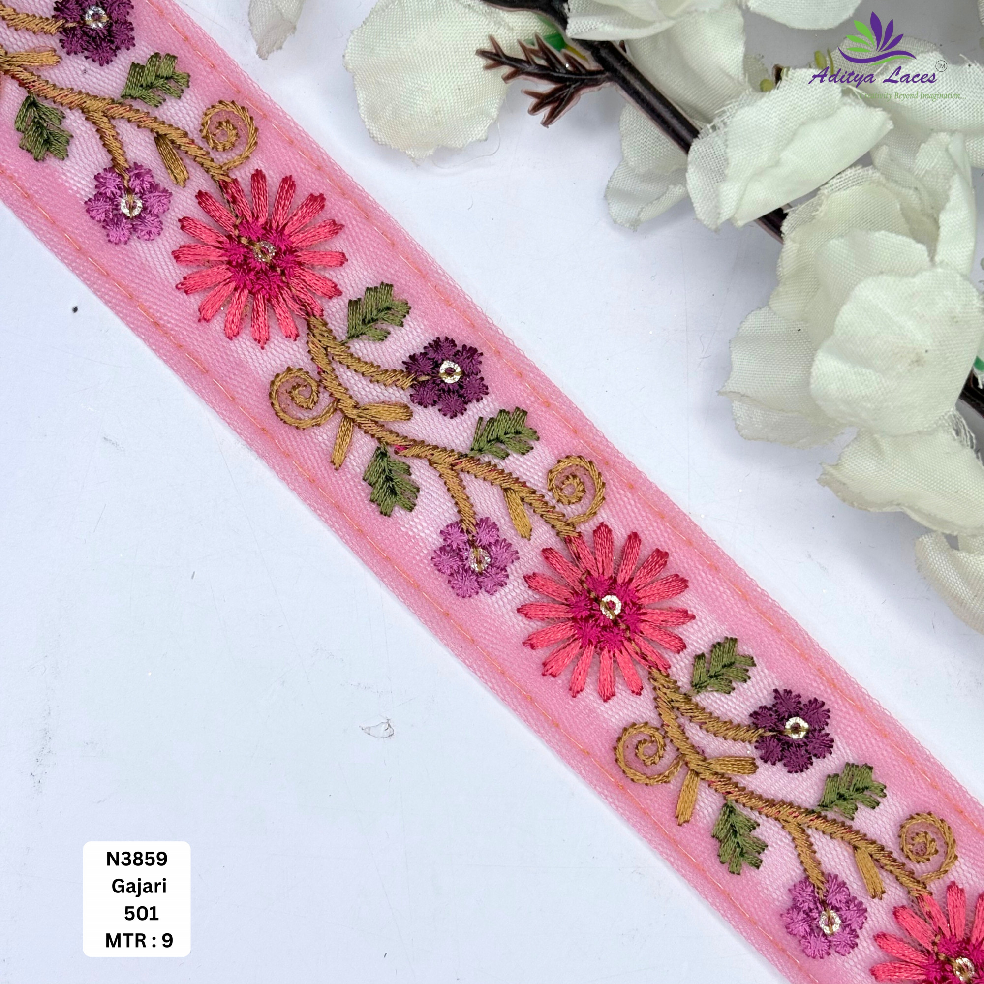 Pink Floral Net Embroidery Lace Trim Designer Saree Border Bridal Decorative Lace for Ethnic Fashion Wholesale Supplier
