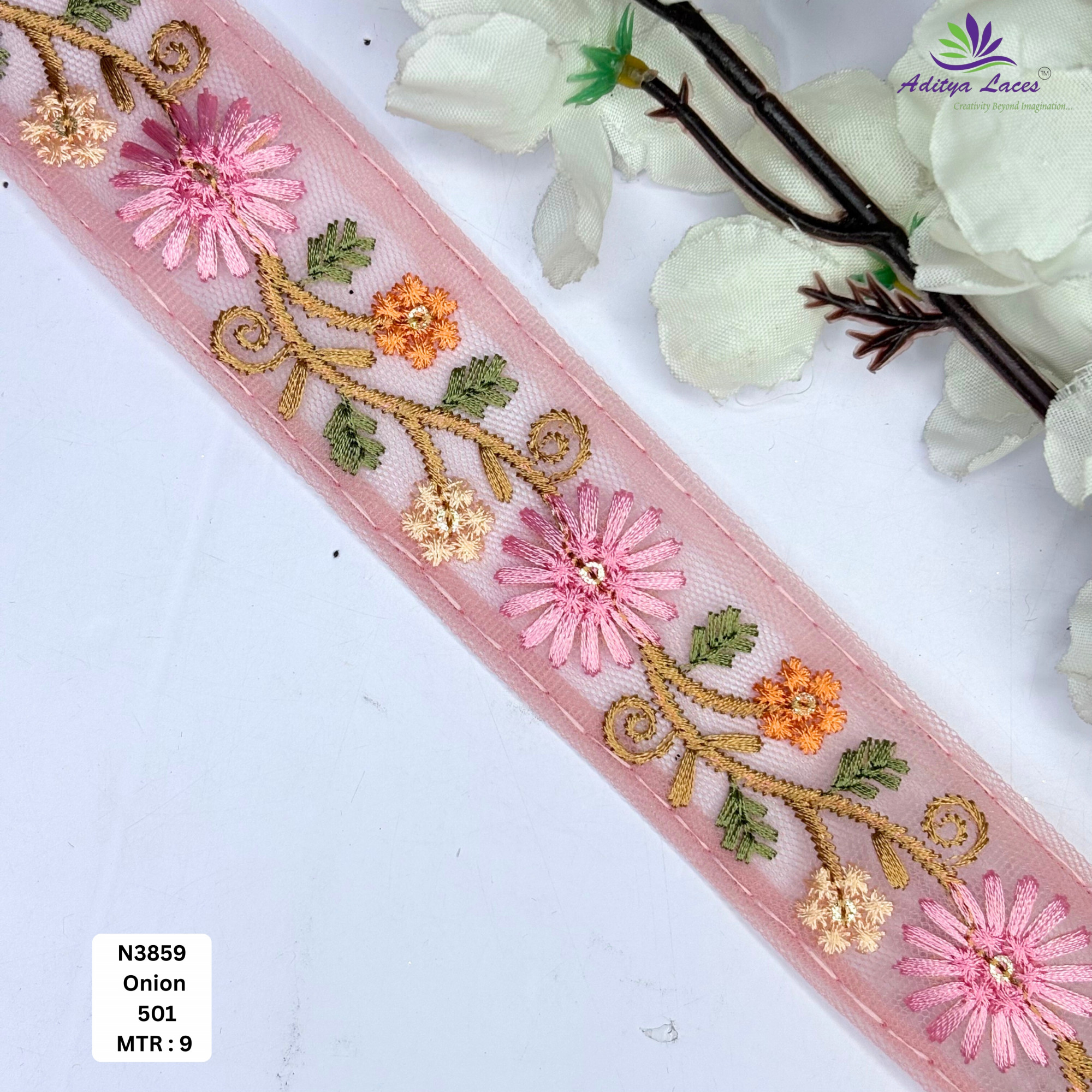 Pink Floral Net Embroidery Lace Trim Designer Saree Border Bridal Decorative Lace for Ethnic Fashion Wholesale Supplier
