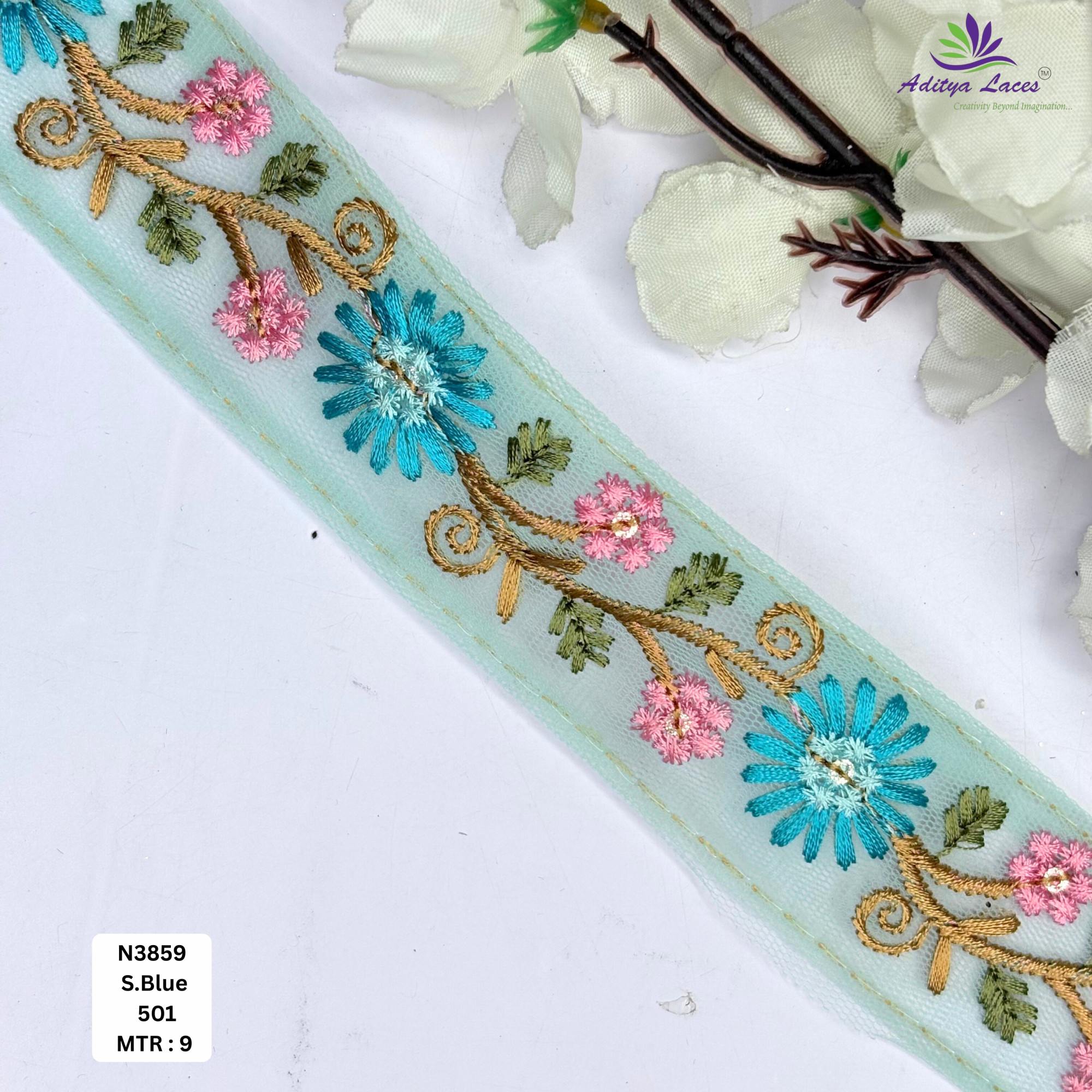 Pink Floral Net Embroidery Lace Trim Designer Saree Border Bridal Decorative Lace for Ethnic Fashion Wholesale Supplier