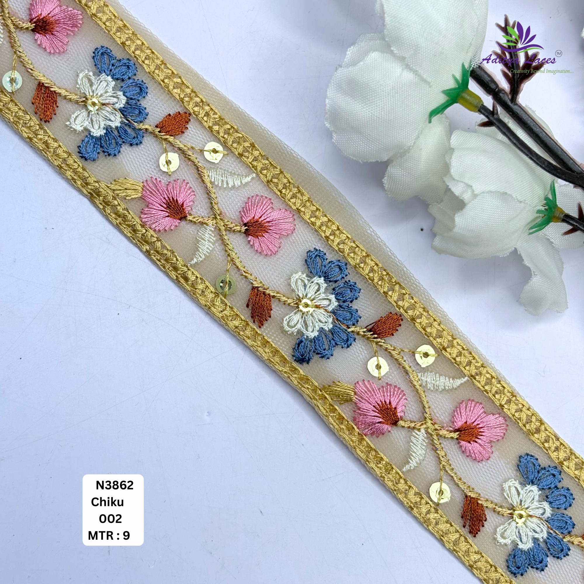 Floral Embroidered Net Lace Border for Saree Bridal Wear