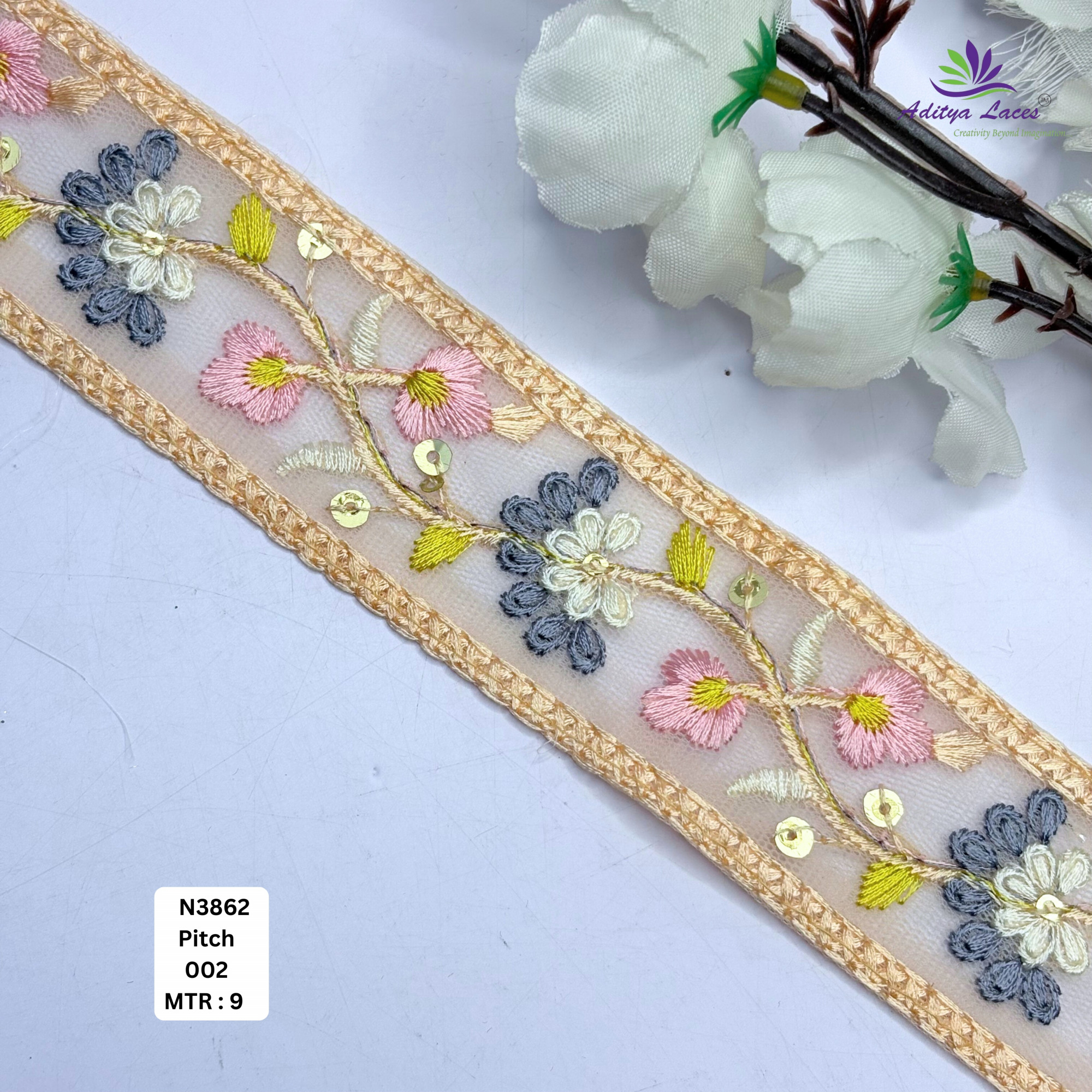 Floral Embroidered Net Lace Border for Saree Bridal Wear