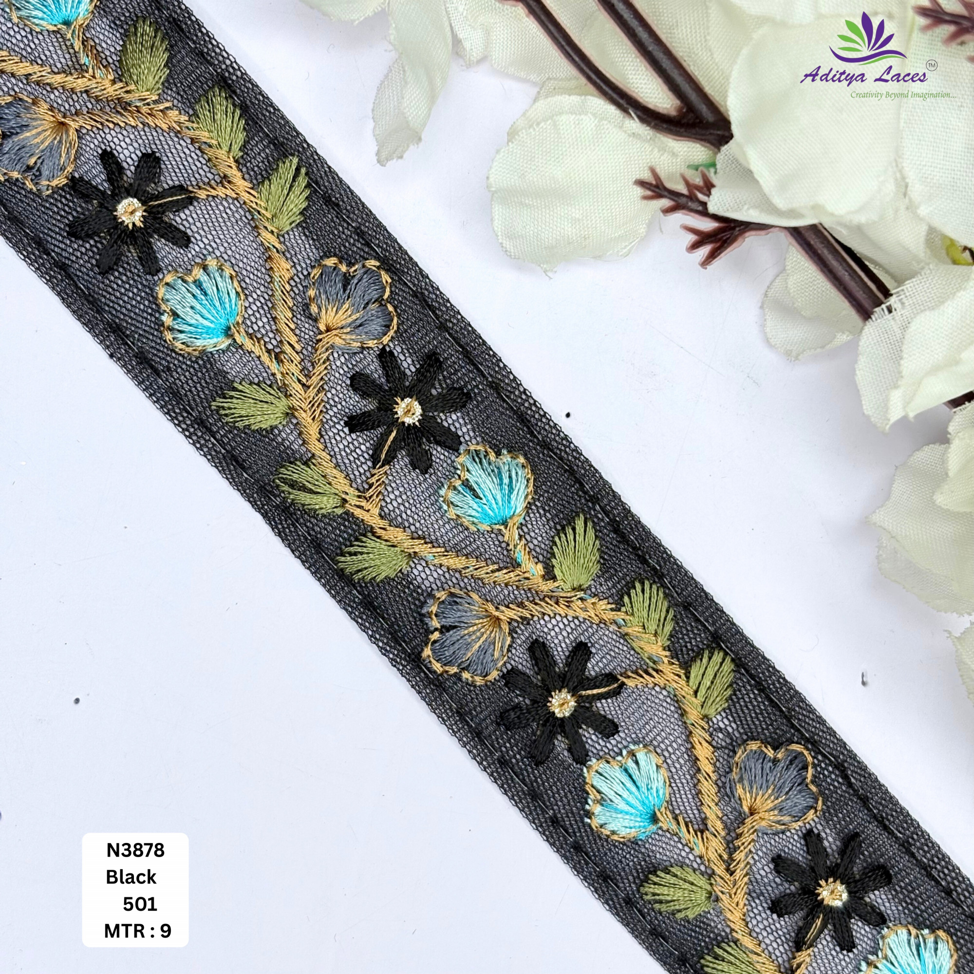 Floral Embroidered Net Lace Border for Saree Bridal Wear