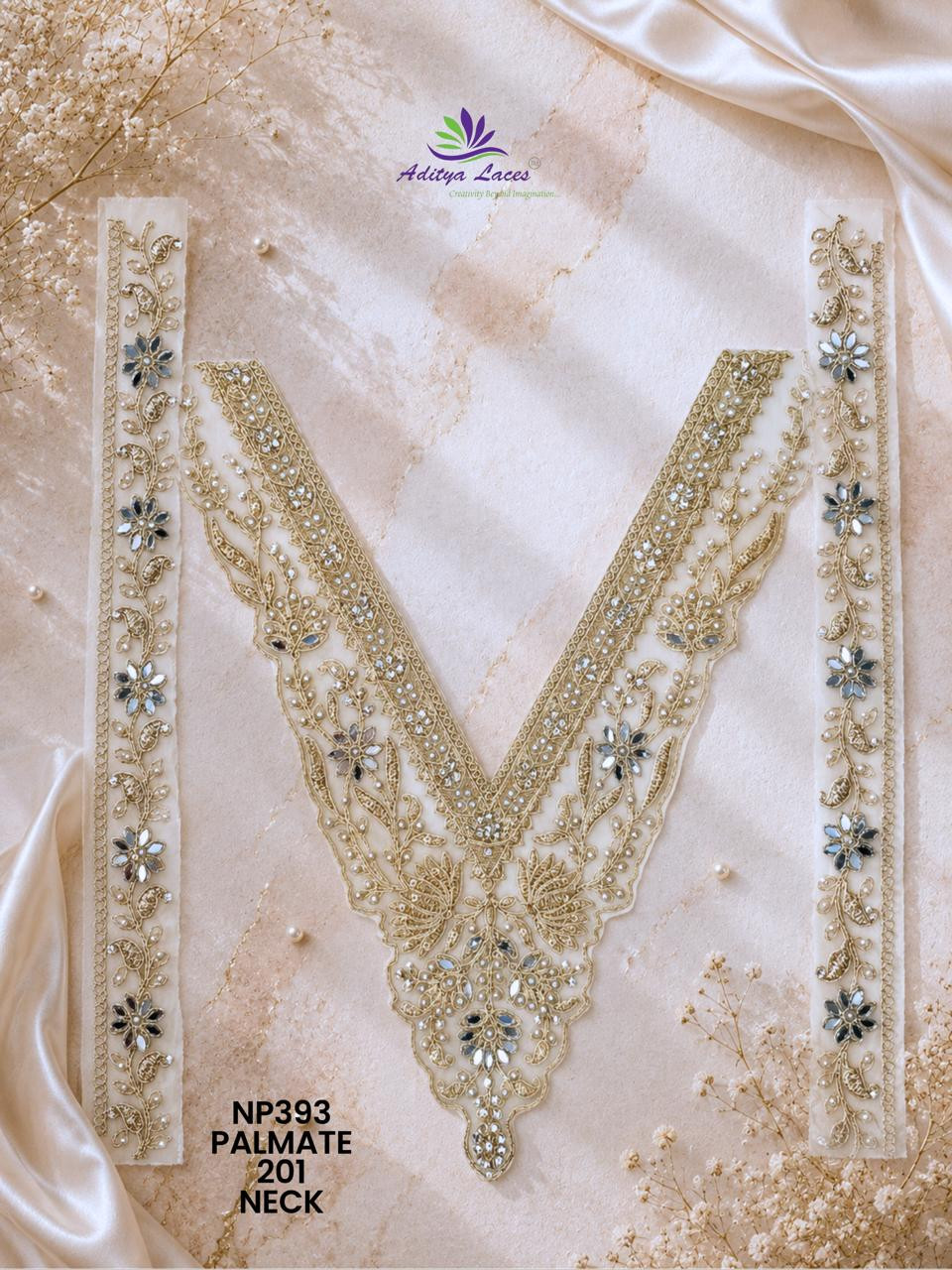 Premium V Shape Gold Palmate Neck Lace Patch with Beads Stones Floral Embroidery Designer Bridal Neckline Trim Garment Accessories