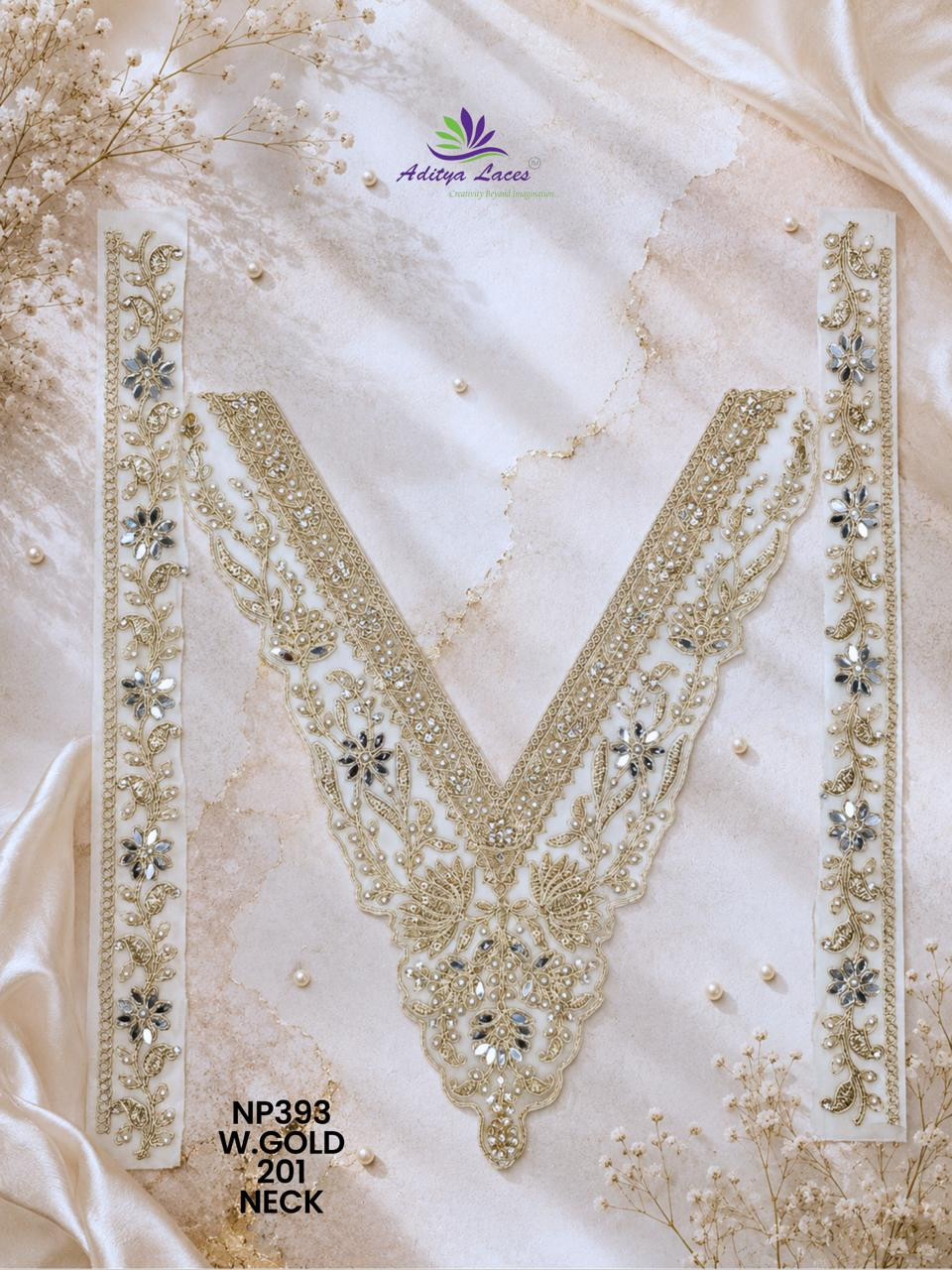 Premium V Shape Gold Palmate Neck Lace Patch with Beads Stones Floral Embroidery Designer Bridal Neckline Trim Garment Accessories