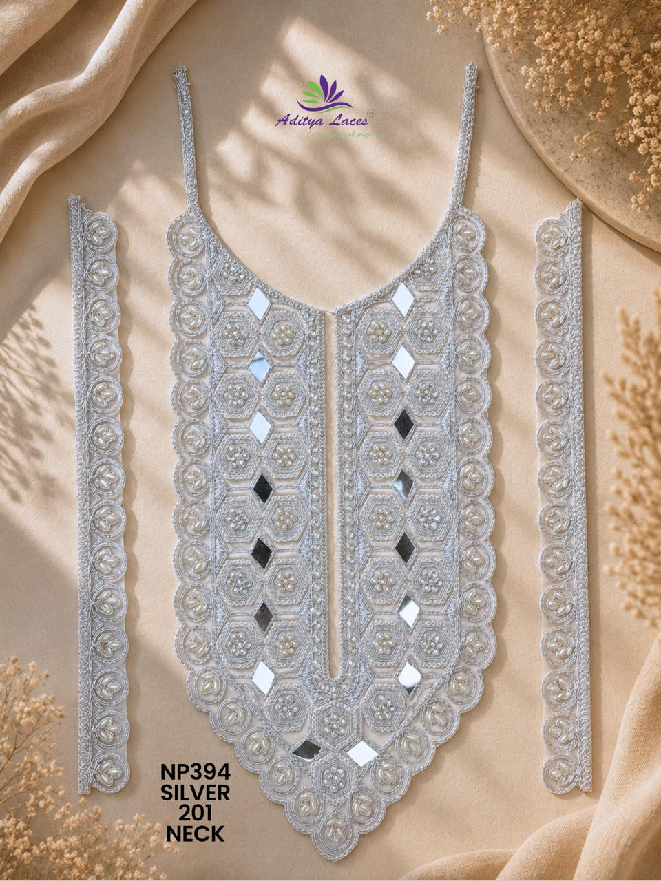 Silver Beaded Embroidered Neck Lace Trim with Floral Filigree Bridal Ethnic Fashion NECK