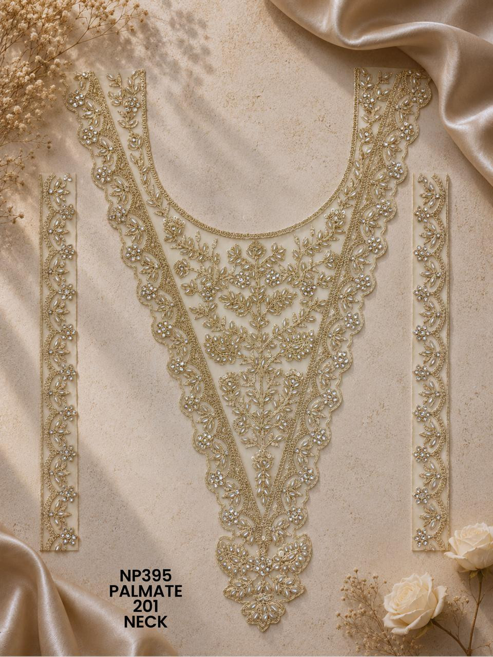 Premium U-V Shape Gold Palmate Neck Lace Patch with Beads Pearls Embroidery Designer Bridal Neckline Trim Garment Accessories