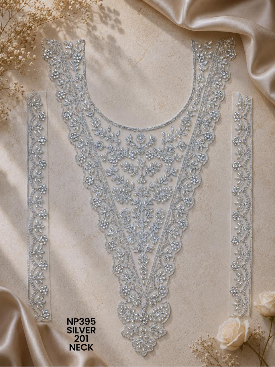 Premium U-V Shape Gold Palmate Neck Lace Patch with Beads Pearls Embroidery Designer Bridal Neckline Trim Garment Accessories