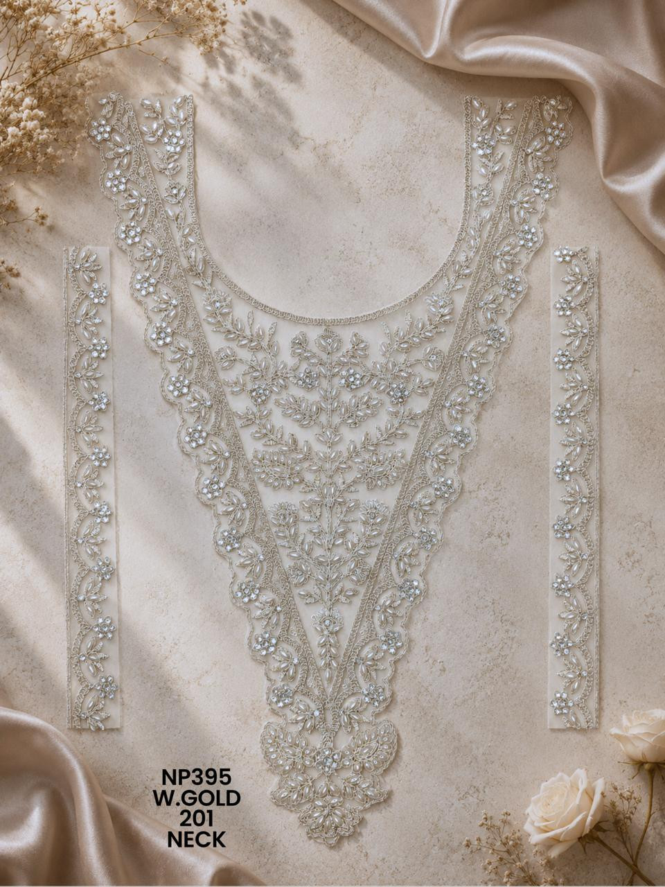 Premium U-V Shape Gold Palmate Neck Lace Patch with Beads Pearls Embroidery Designer Bridal Neckline Trim Garment Accessories