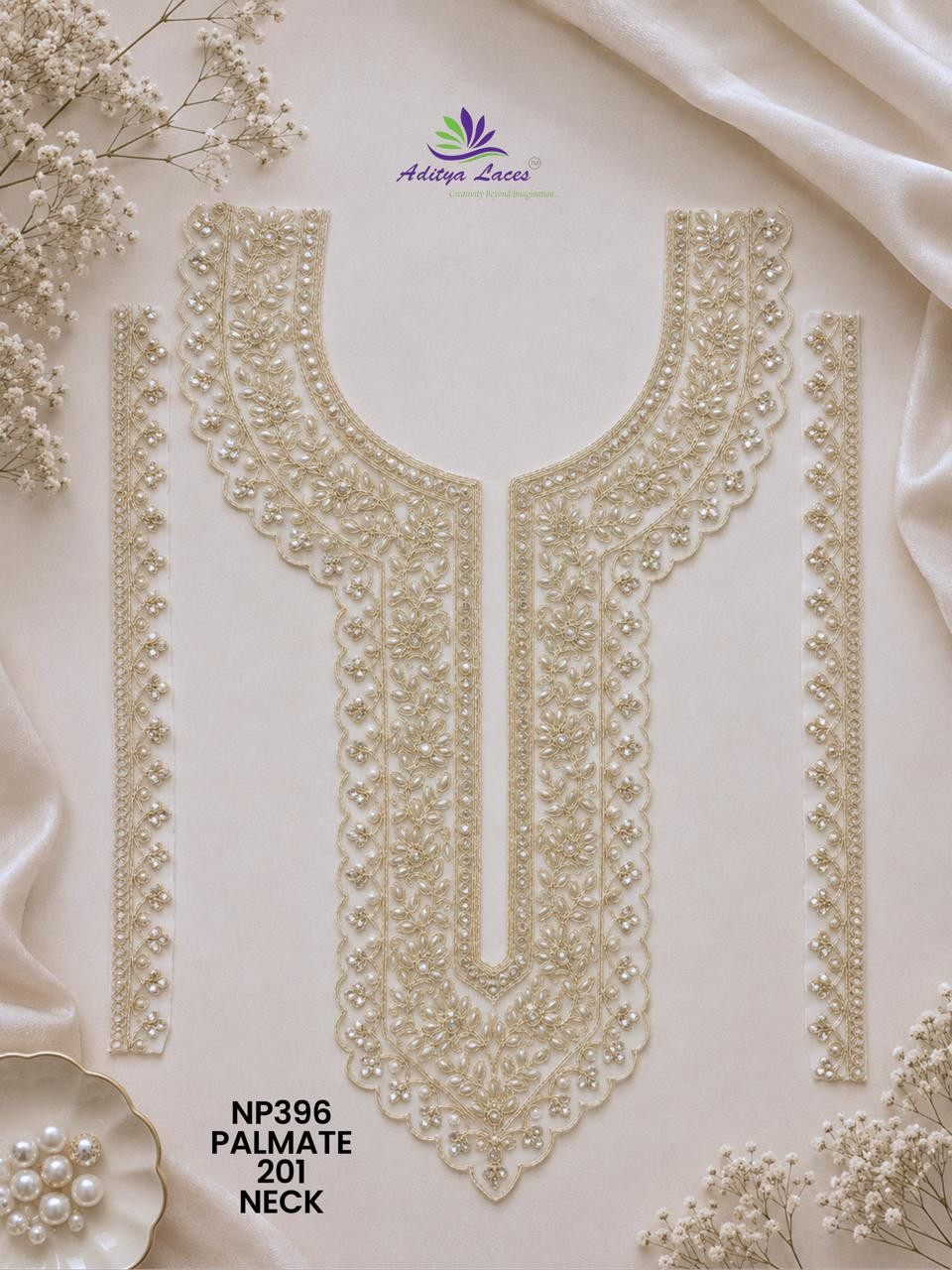 Premium U Shape Gold Palmate Neck Lace Patch with Pearl Beads Embroidery Designer Bridal Neckline Trim Garment Accessories