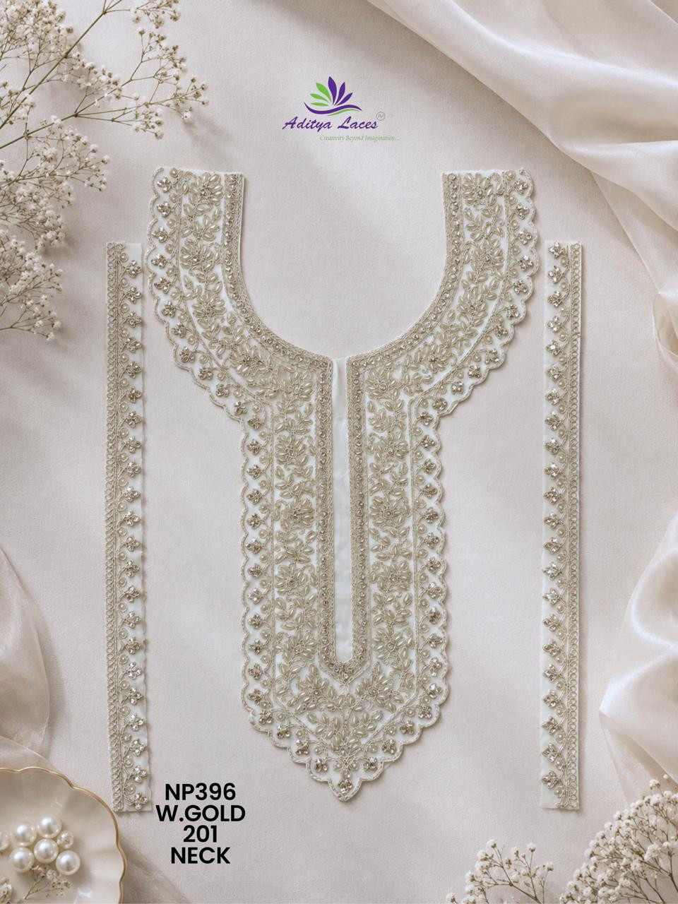 Premium U Shape Gold Palmate Neck Lace Patch with Pearl Beads Embroidery Designer Bridal Neckline Trim Garment Accessories