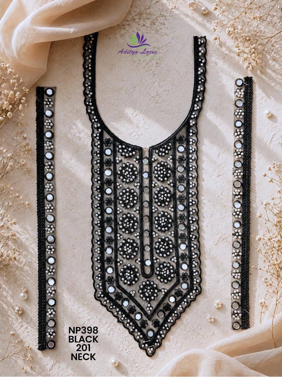 Premium U Shape Gold Palmate Neck Lace Patch NP398 with Mirror Beads Stone Work Designer Bridal Neckline Trim Garment Accessories