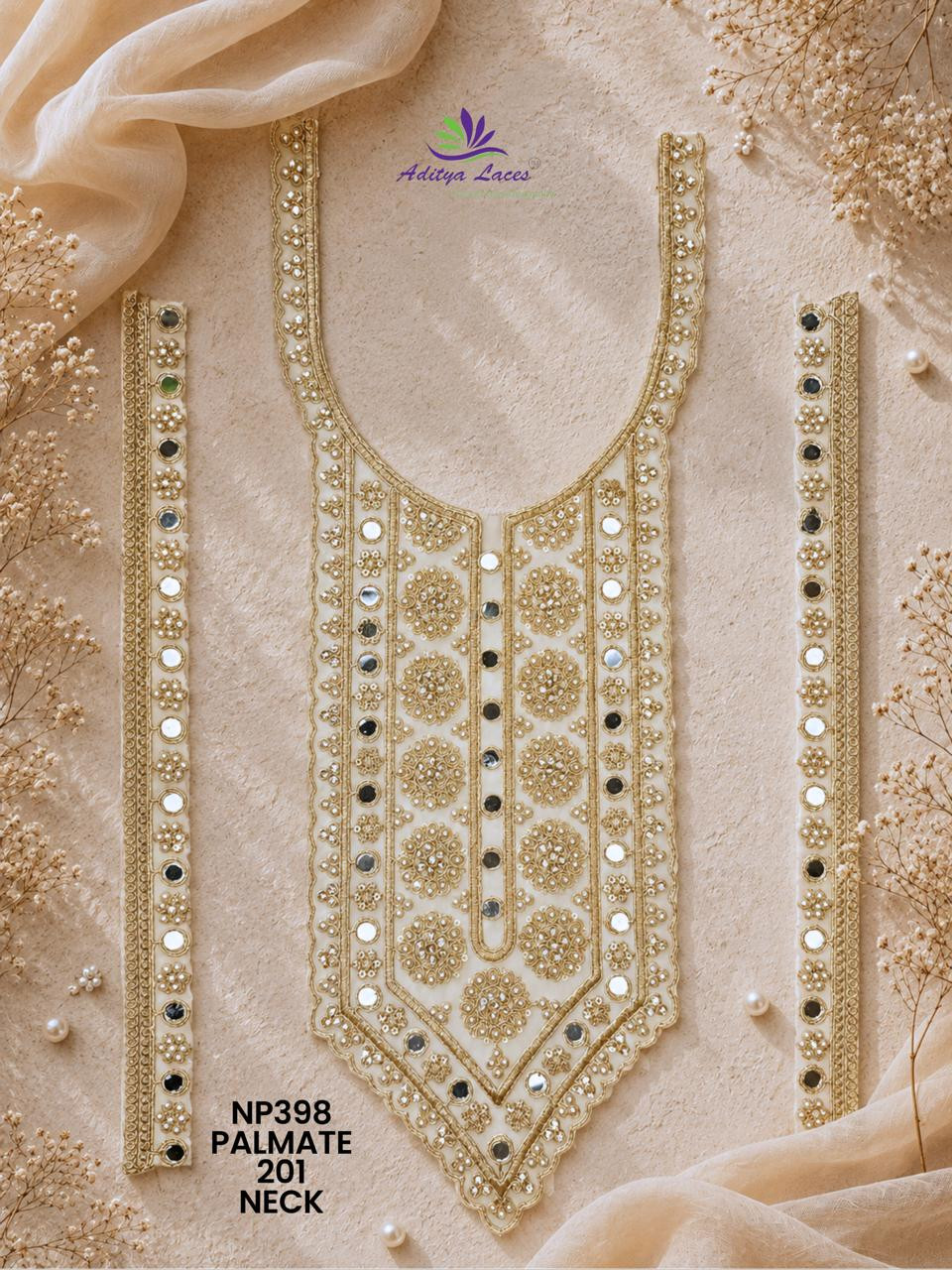 Premium U Shape Gold Palmate Neck Lace Patch NP398 with Mirror Beads Stone Work Designer Bridal Neckline Trim Garment Accessories