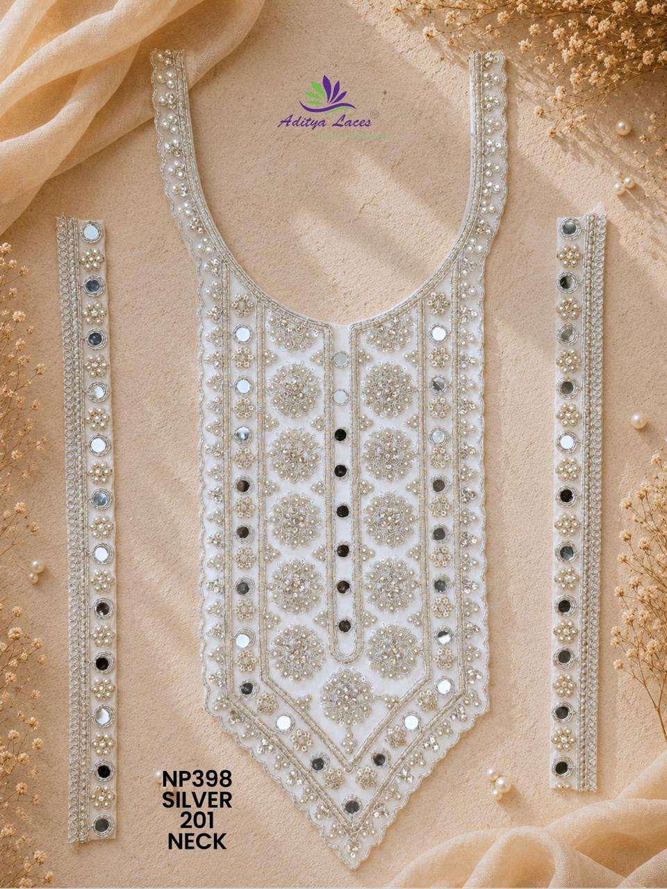 Premium U Shape Gold Palmate Neck Lace Patch NP398 with Mirror Beads Stone Work Designer Bridal Neckline Trim Garment Accessories