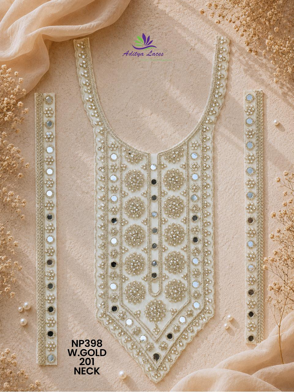 Premium U Shape Gold Palmate Neck Lace Patch NP398 with Mirror Beads Stone Work Designer Bridal Neckline Trim Garment Accessories
